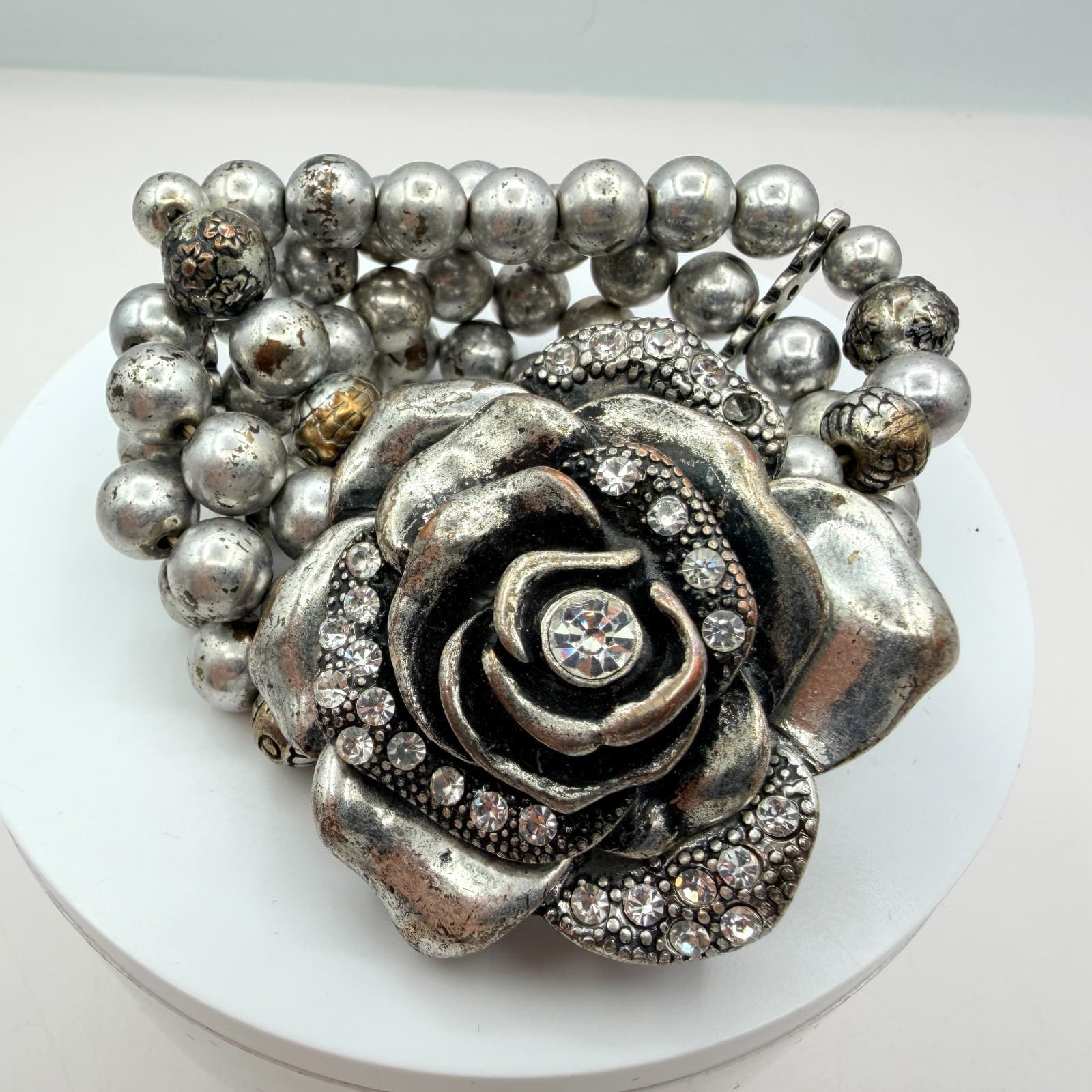 Vintage Silver Tone Chunky Stretch Bead Bracelet Large Rhinestone Rose Flower