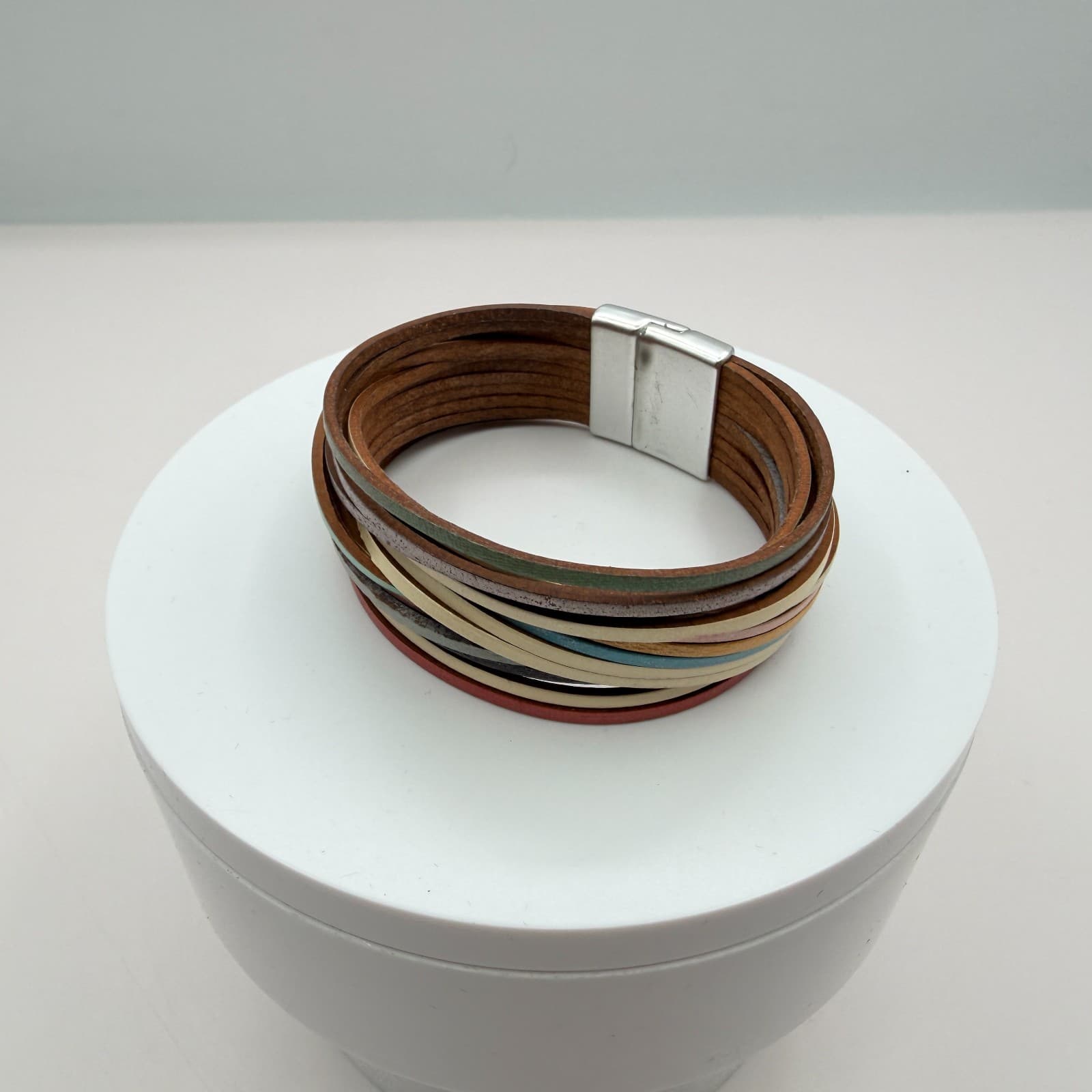 Vintage Multi Strand Leather Wrap Cuff Bracelet Magnetic Clasp Boho Multicolor - Thumbnail 3