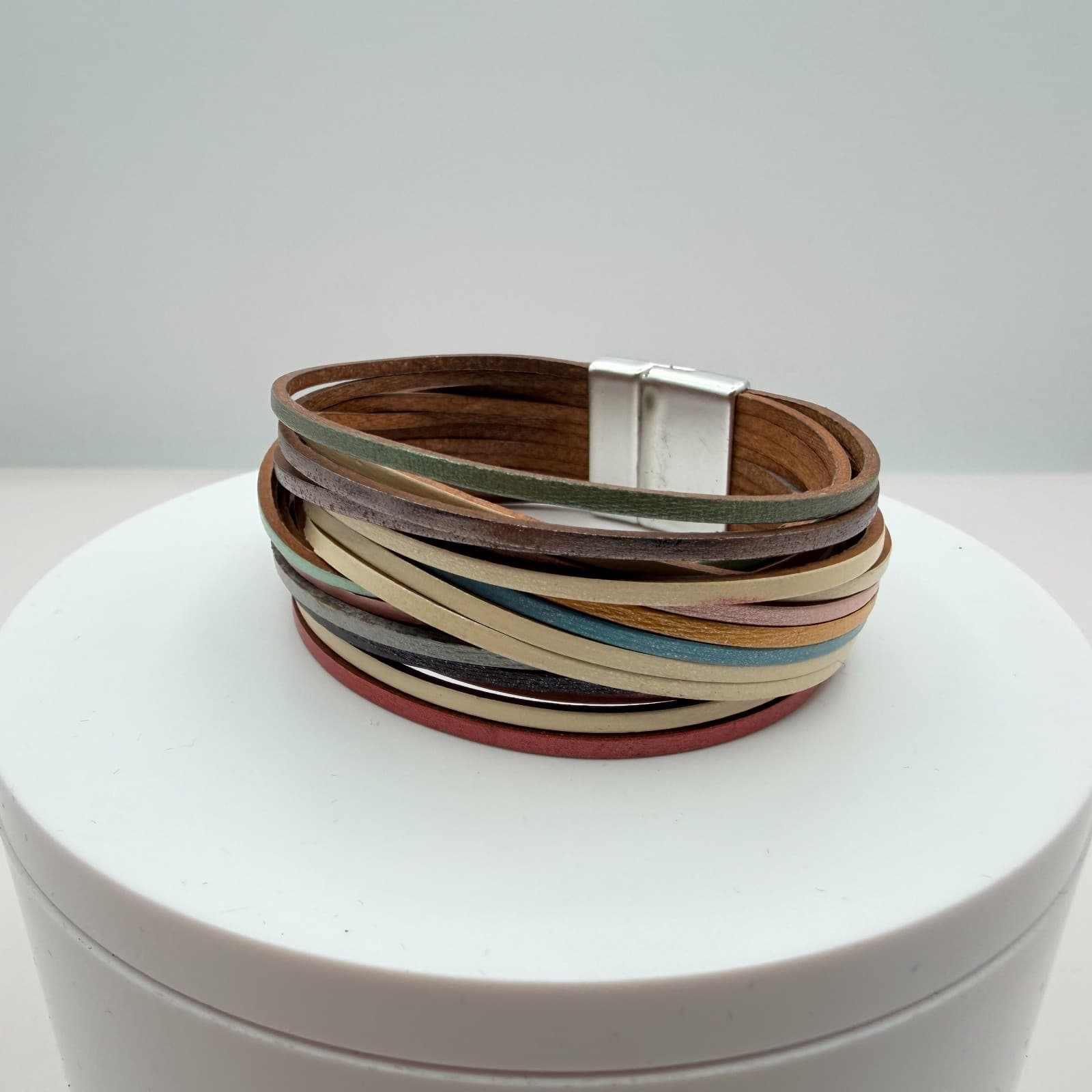 Vintage Multi Strand Leather Wrap Cuff Bracelet Magnetic Clasp Boho Multicolor - Thumbnail 6