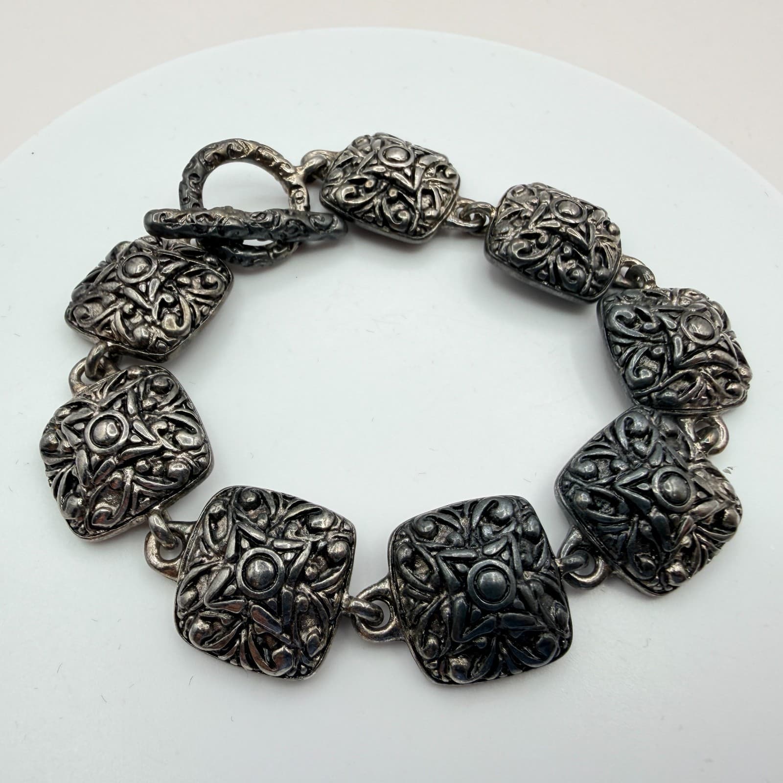 Vintage Silver Tone Chunky Square Link Bracelet Ornate Scroll Filigree Boho 90s