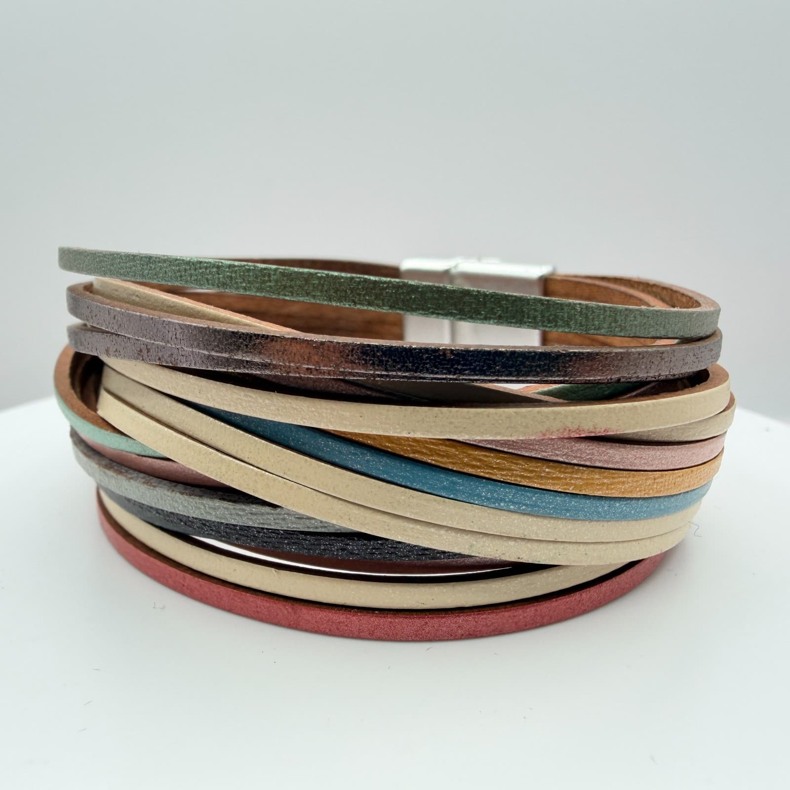 Vintage Multi Strand Leather Wrap Cuff Bracelet Magnetic Clasp Boho Multicolor - Thumbnail 5