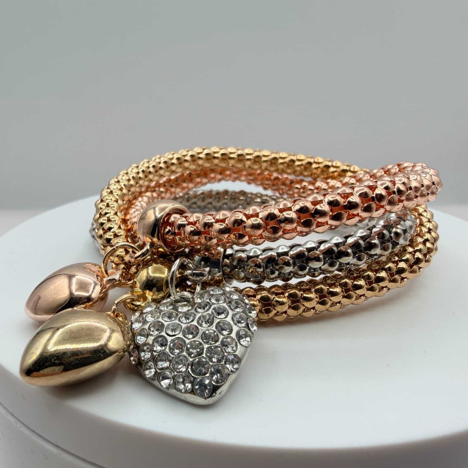 Vintage Tricolor Popcorn Stretch Bracelet Lot 3pc Heart Charm Rhinestone Pave - Thumbnail 5
