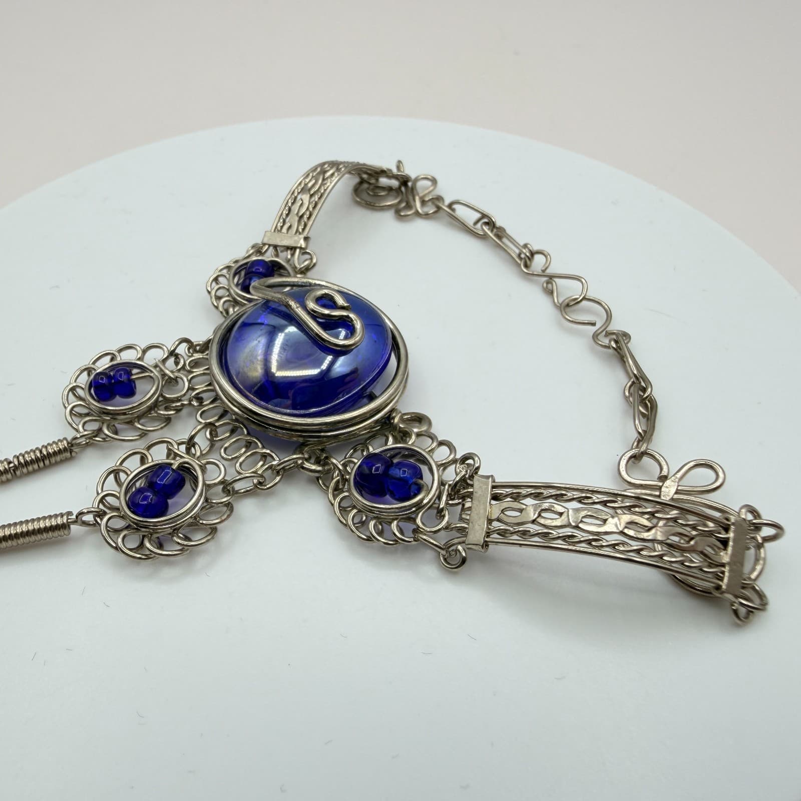 Vintage Silver Tone Slave Bracelet Ring Set Blue Cabochon Stone Boho Filigree - Thumbnail 8