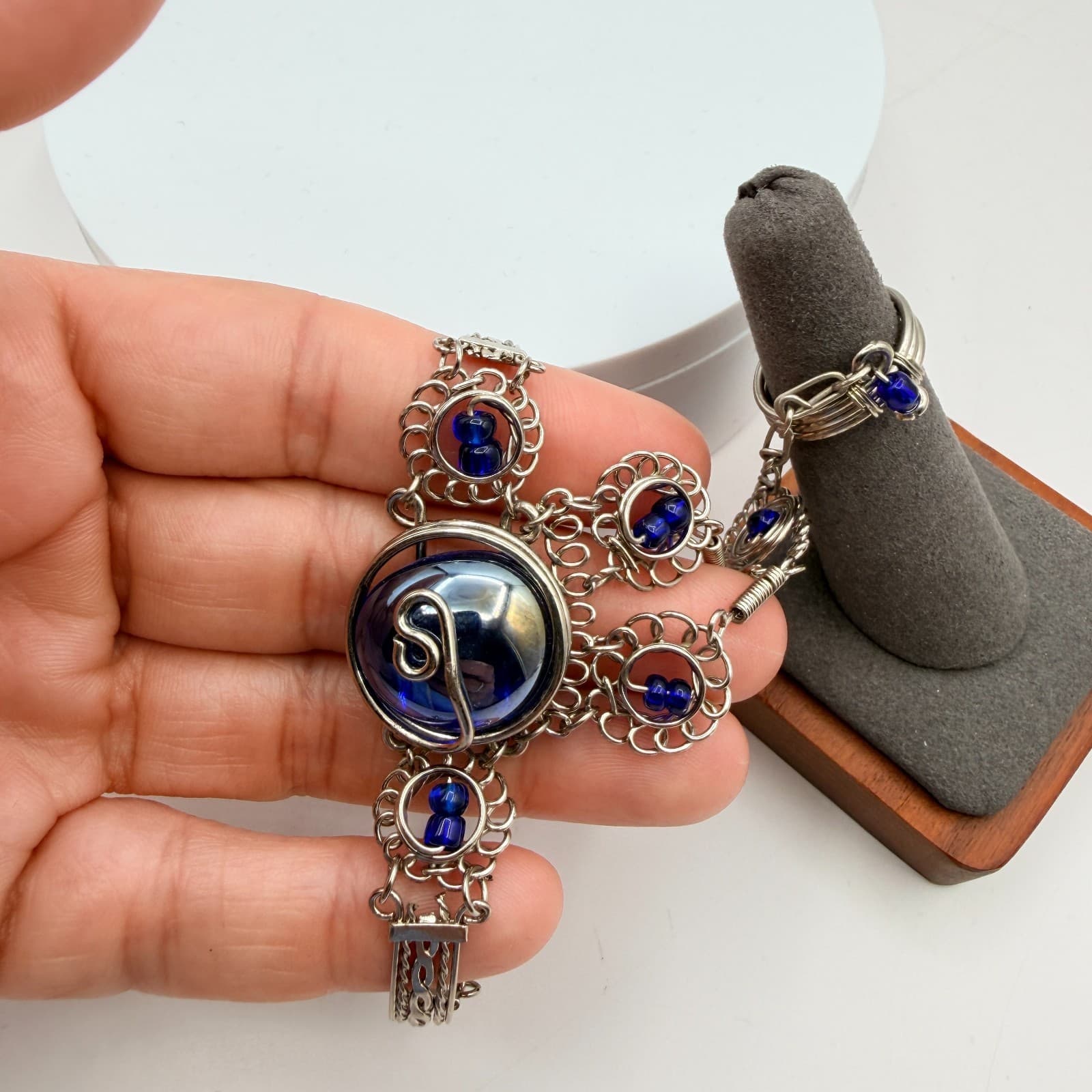 Vintage Silver Tone Slave Bracelet Ring Set Blue Cabochon Stone Boho Filigree - Thumbnail 13