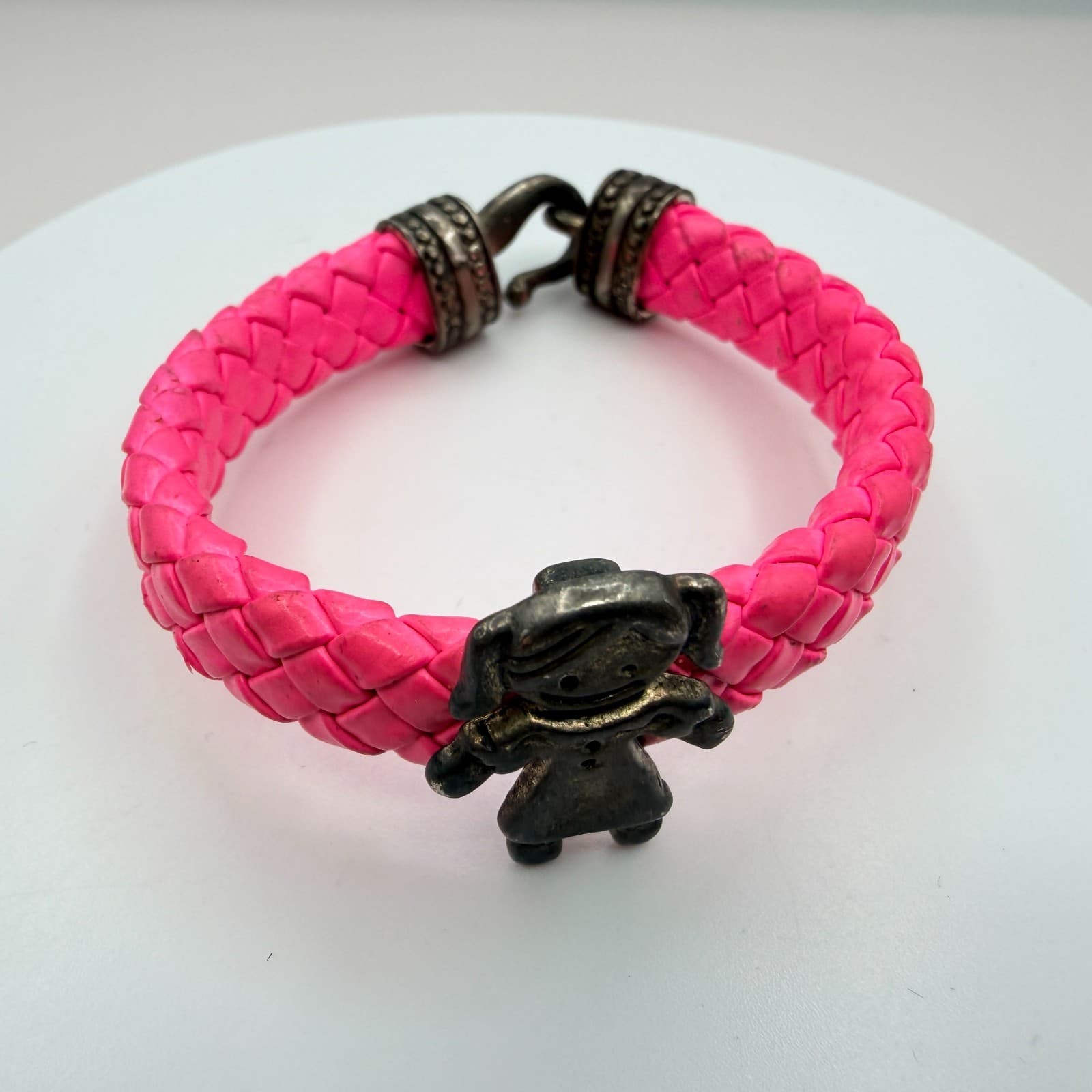 Vintage Silver Tone Pink Braided Leather Charm Bracelet Girl Figure Hook Clasp - Thumbnail 4