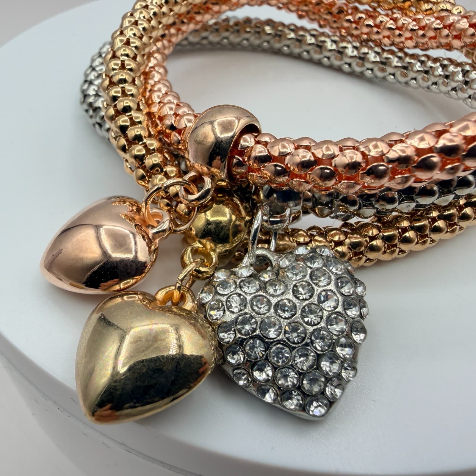 Vintage Tricolor Popcorn Stretch Bracelet Lot 3pc Heart Charm Rhinestone Pave - Thumbnail 4