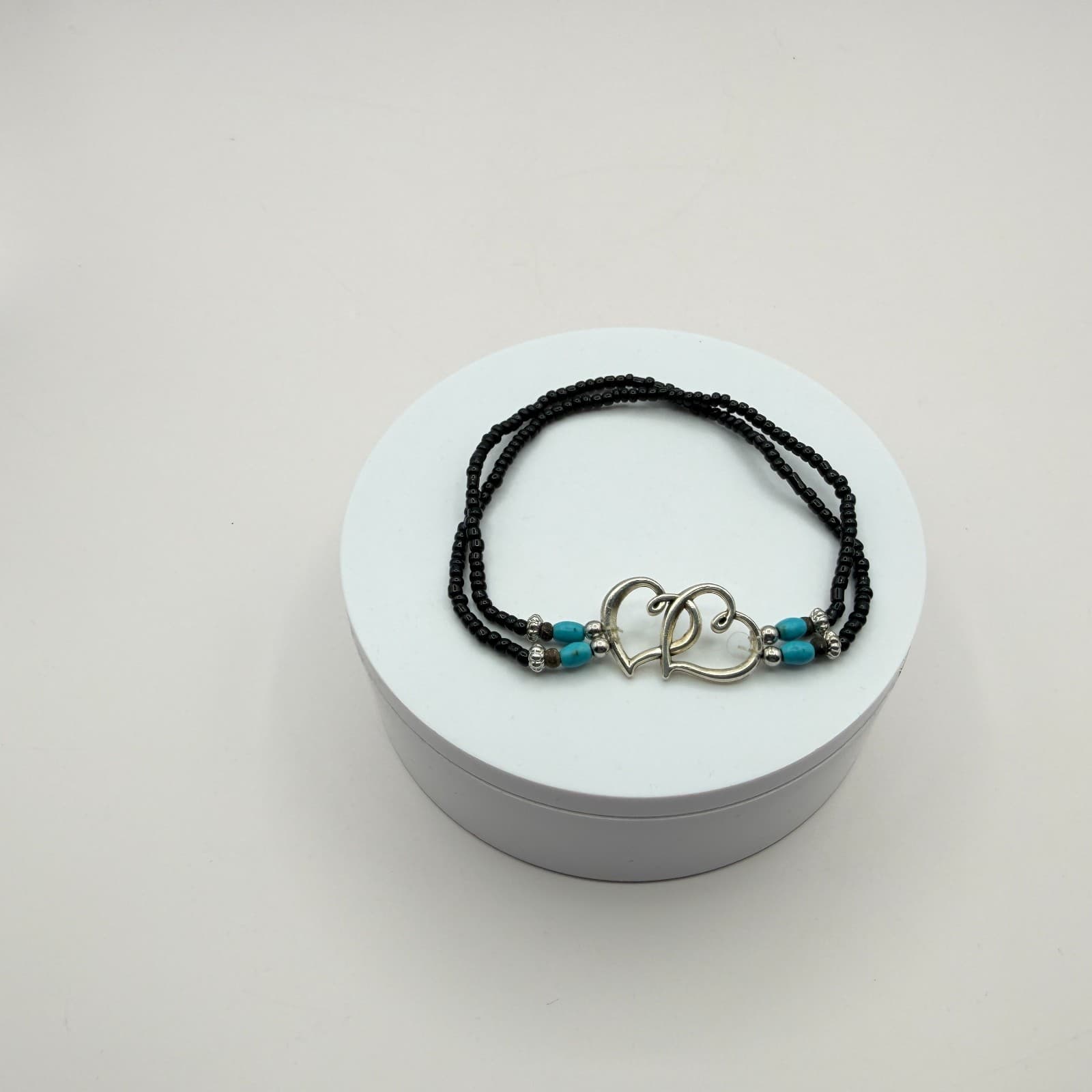 Vintage Silver Tone Multi Strand Seed Bead Bracelet Double Heart Turquoise Color - Thumbnail 7