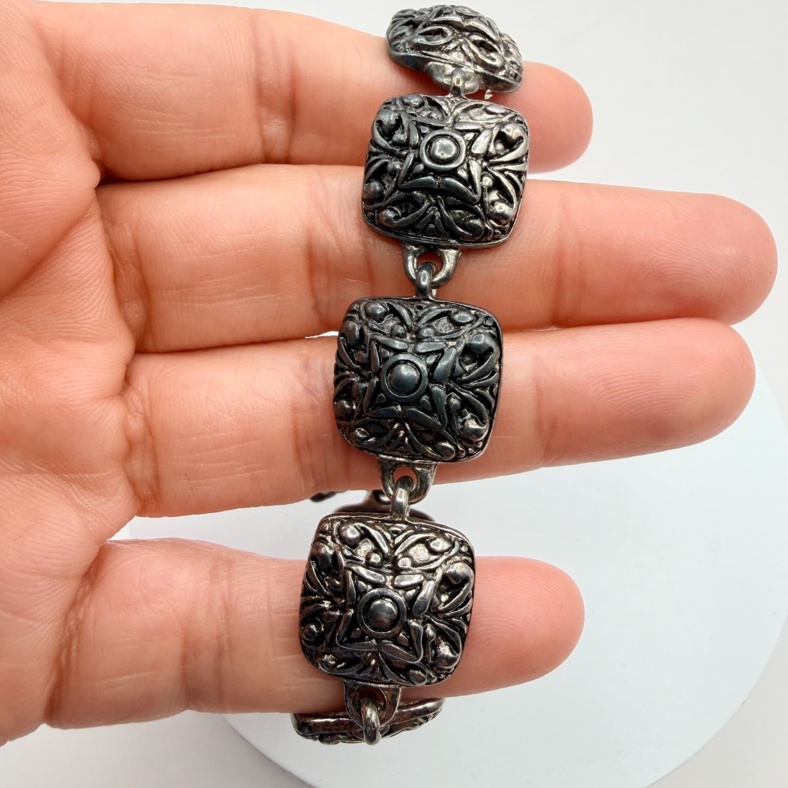 Vintage Silver Tone Chunky Square Link Bracelet Ornate Scroll Filigree Boho 90s - Thumbnail 8