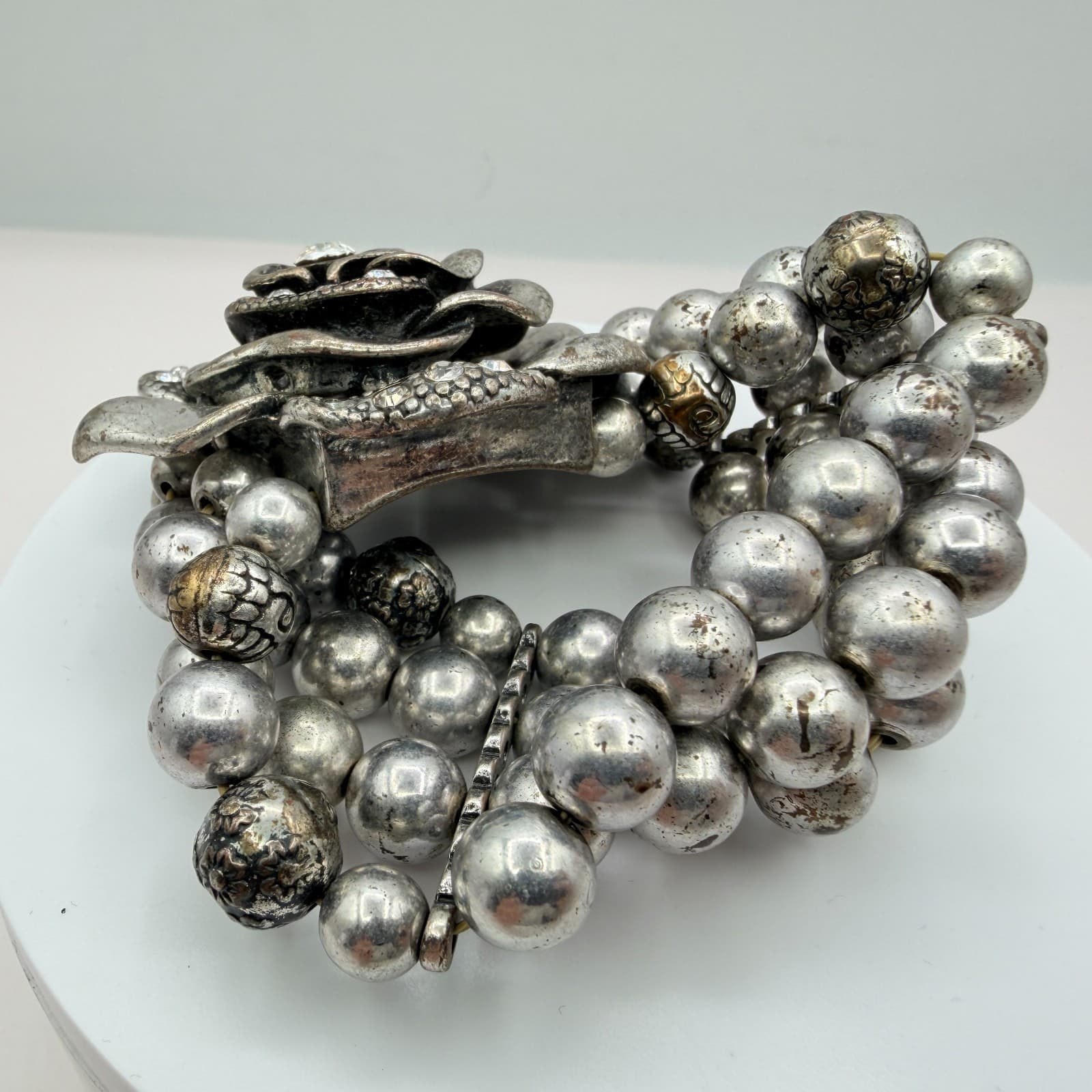 Vintage Silver Tone Chunky Stretch Bead Bracelet Large Rhinestone Rose Flower - Thumbnail 6