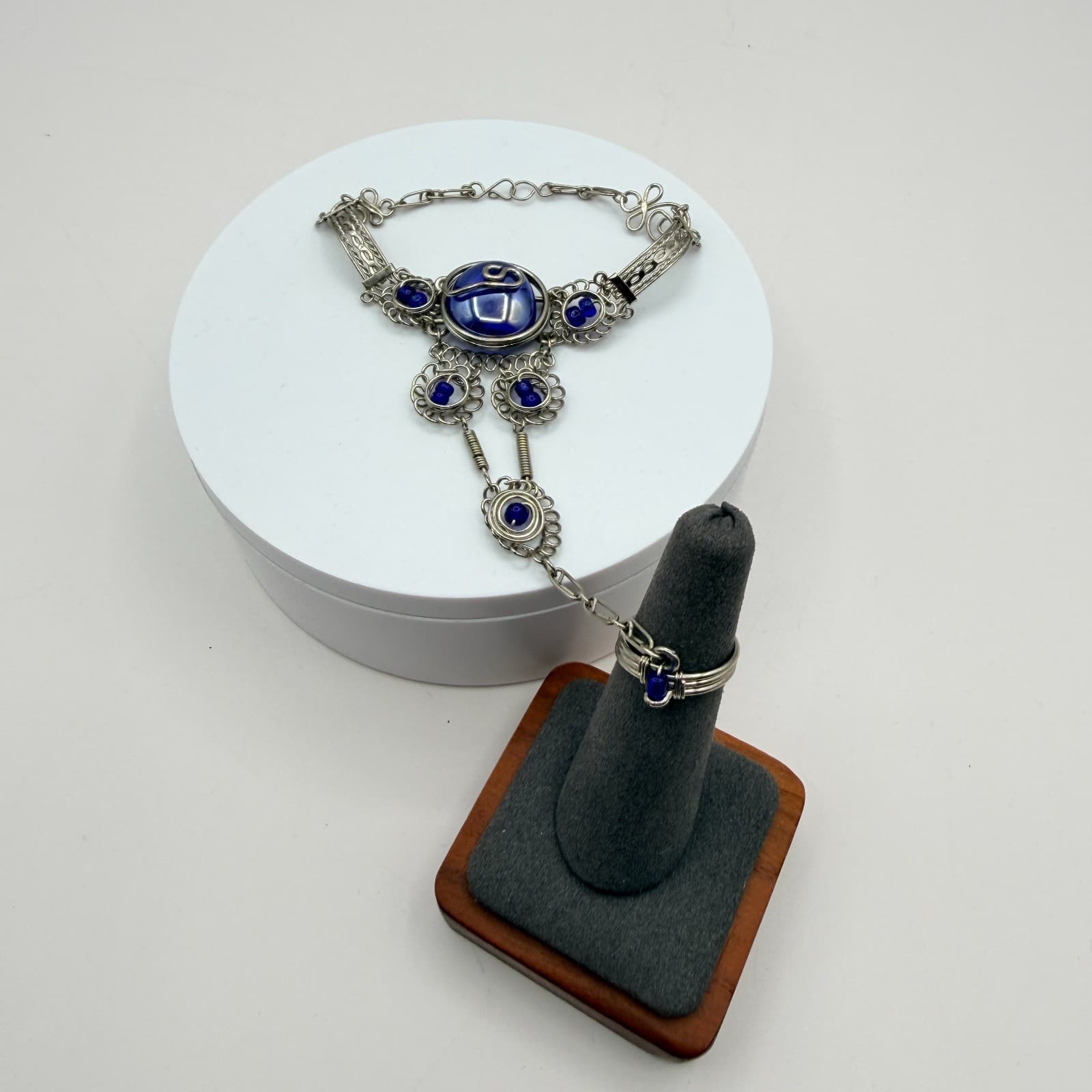 Vintage Silver Tone Slave Bracelet Ring Set Blue Cabochon Stone Boho Filigree - Thumbnail 2