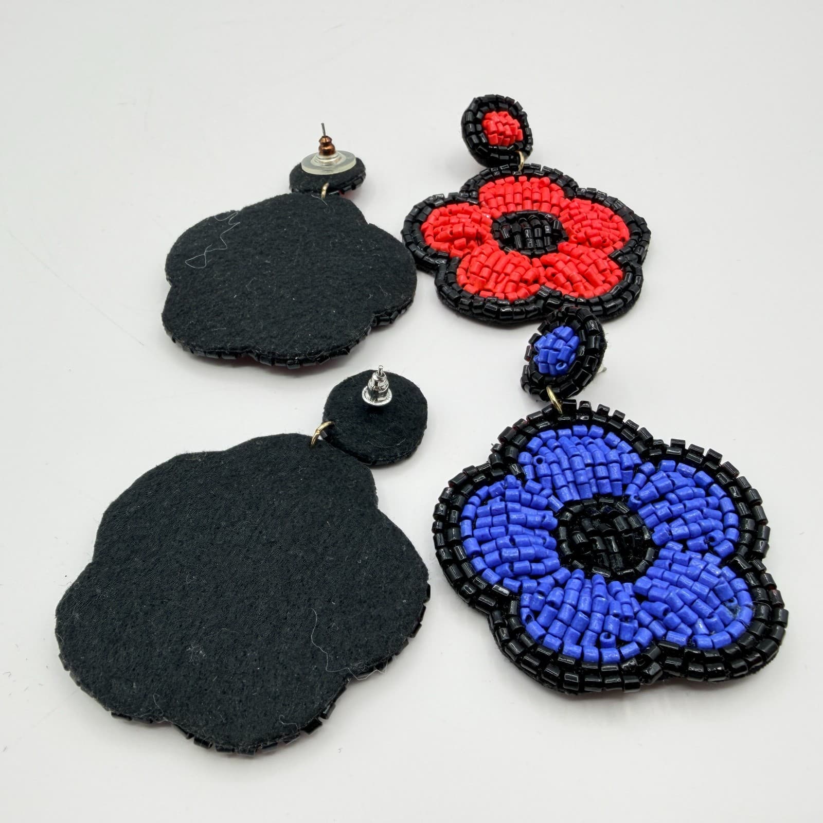 Vintage Beaded Flower Drop Earrings Lot 2 Pairs Red Blue Black Seed Bead Floral - Thumbnail 2