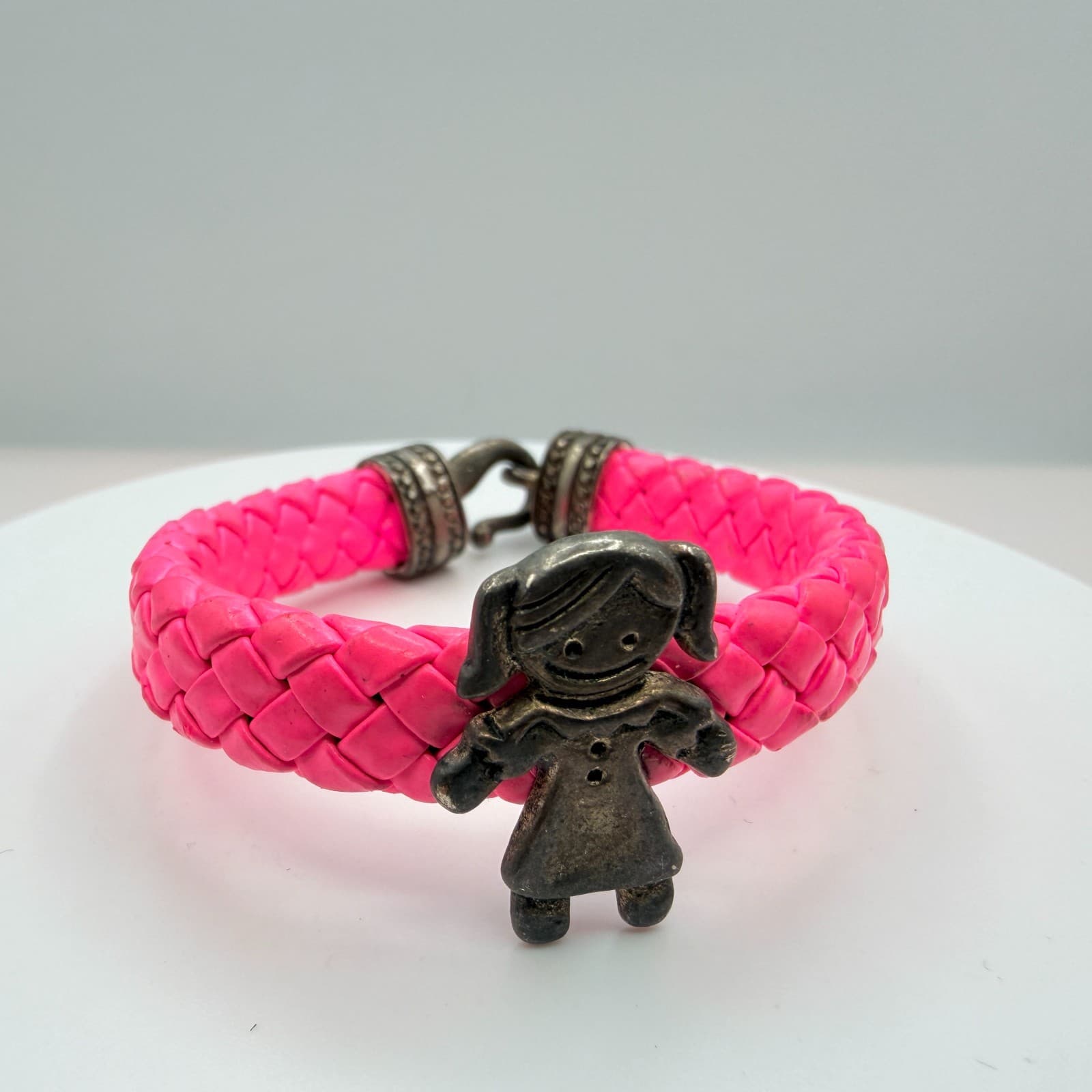 Vintage Silver Tone Pink Braided Leather Charm Bracelet Girl Figure Hook Clasp