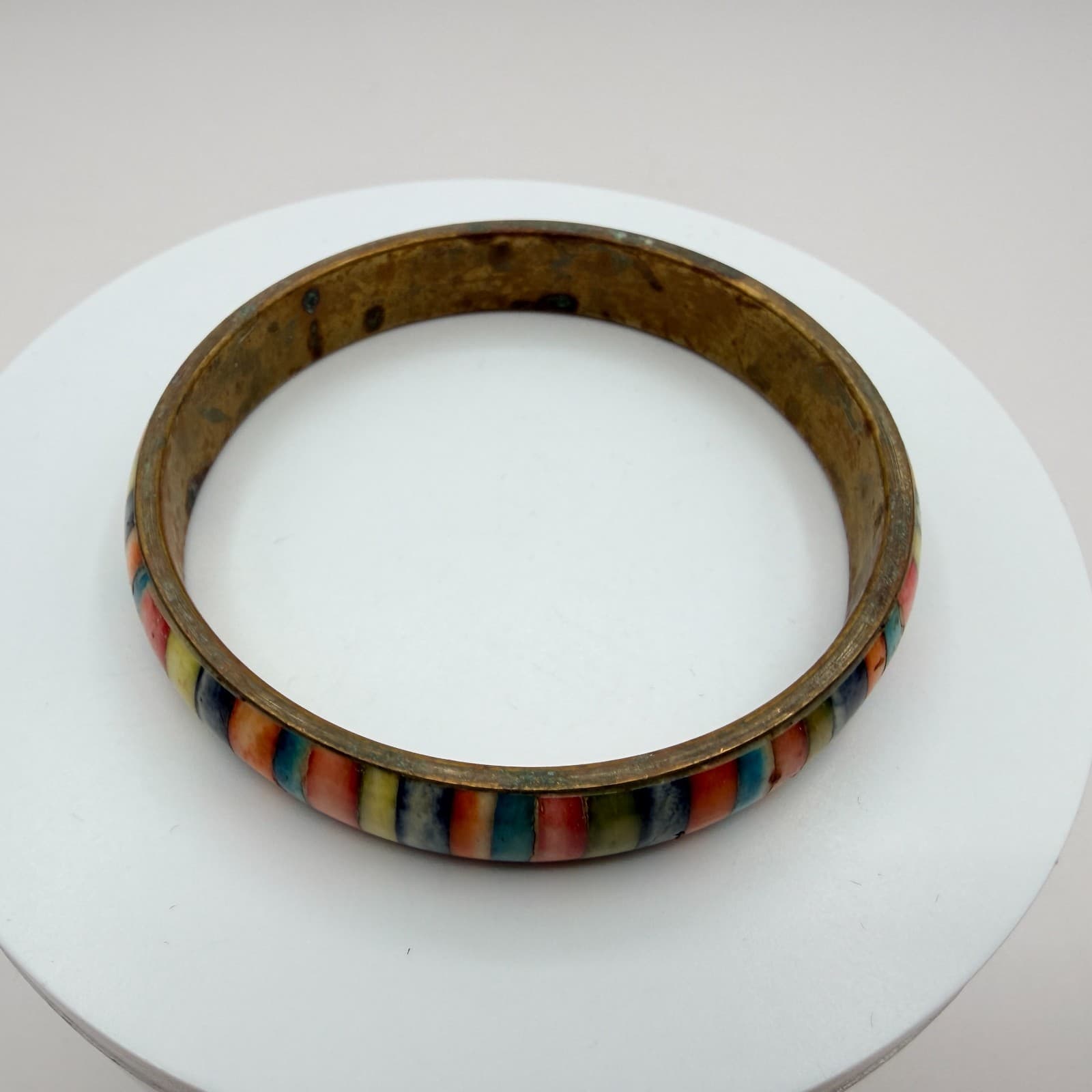 Vintage Gold Tone Chunky Bangle Bracelet Multicolor Inlaid Striped Boho Retro - Thumbnail 3