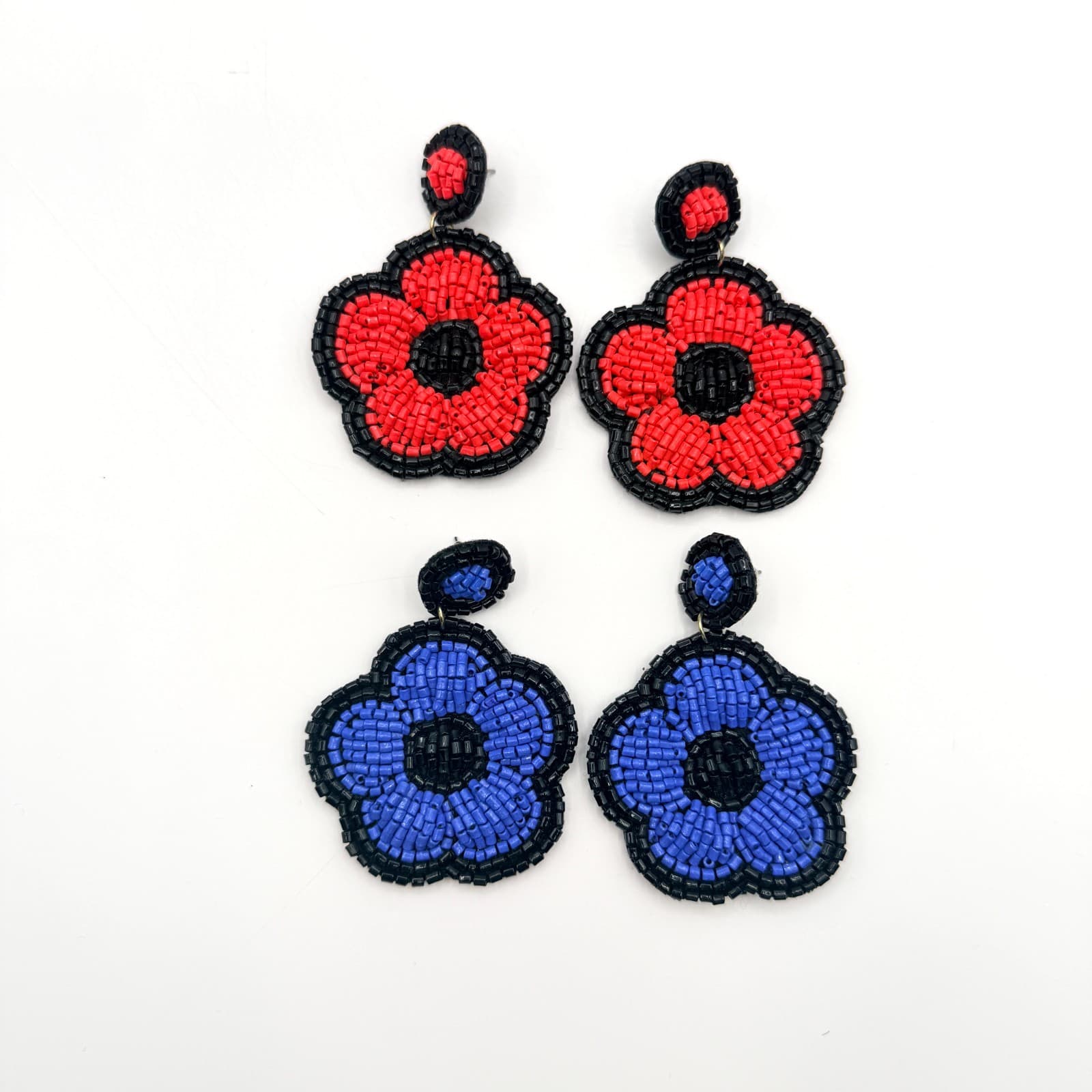 Vintage Beaded Flower Drop Earrings Lot 2 Pairs Red Blue Black Seed Bead Floral