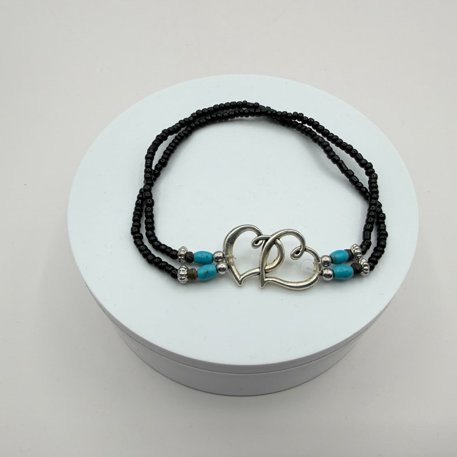 Vintage Silver Tone Multi Strand Seed Bead Bracelet Double Heart Turquoise Color - Thumbnail 2