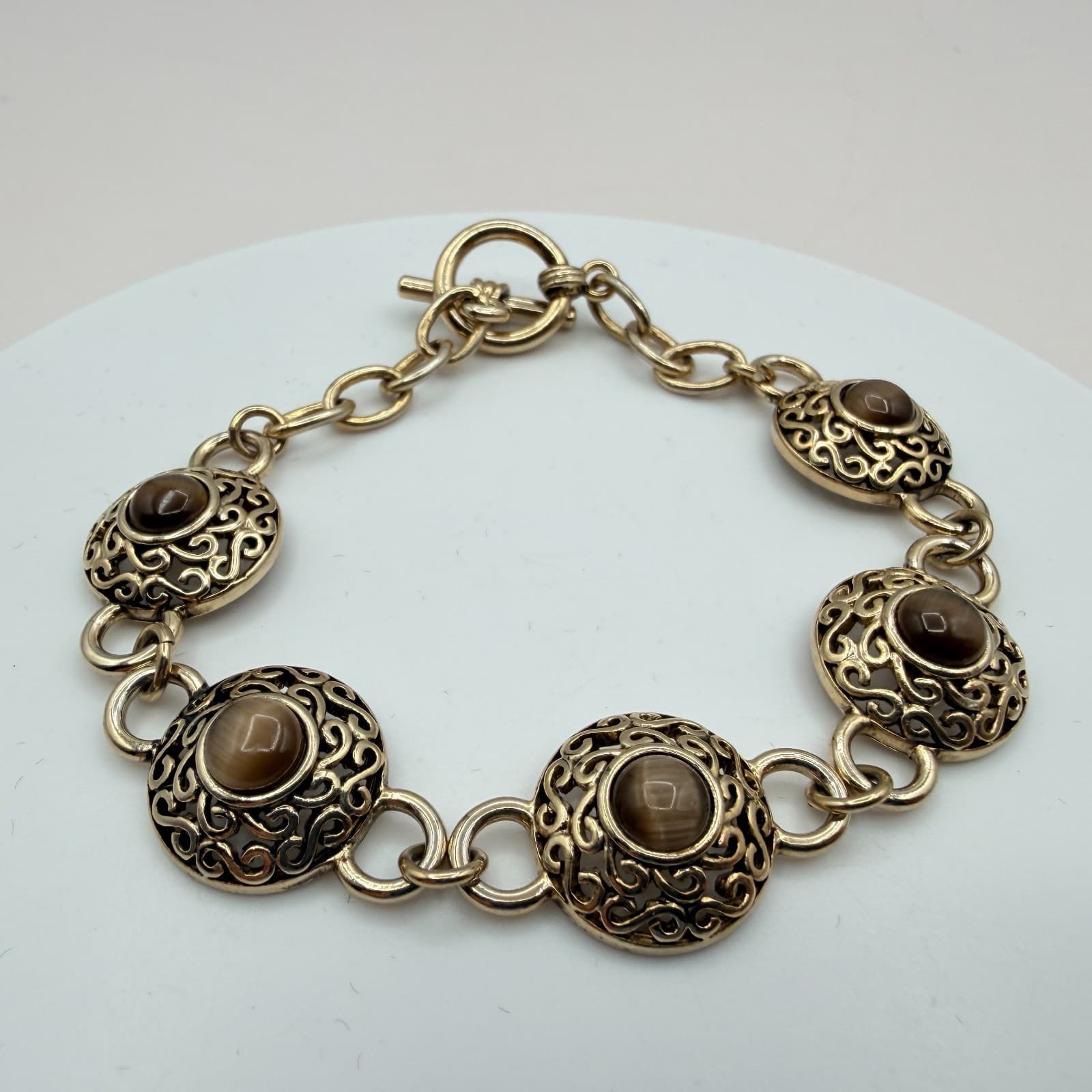 Vintage Gold Tone Chunky Medallion Link Bracelet Cat Eye Stone Brown Boho Y2K