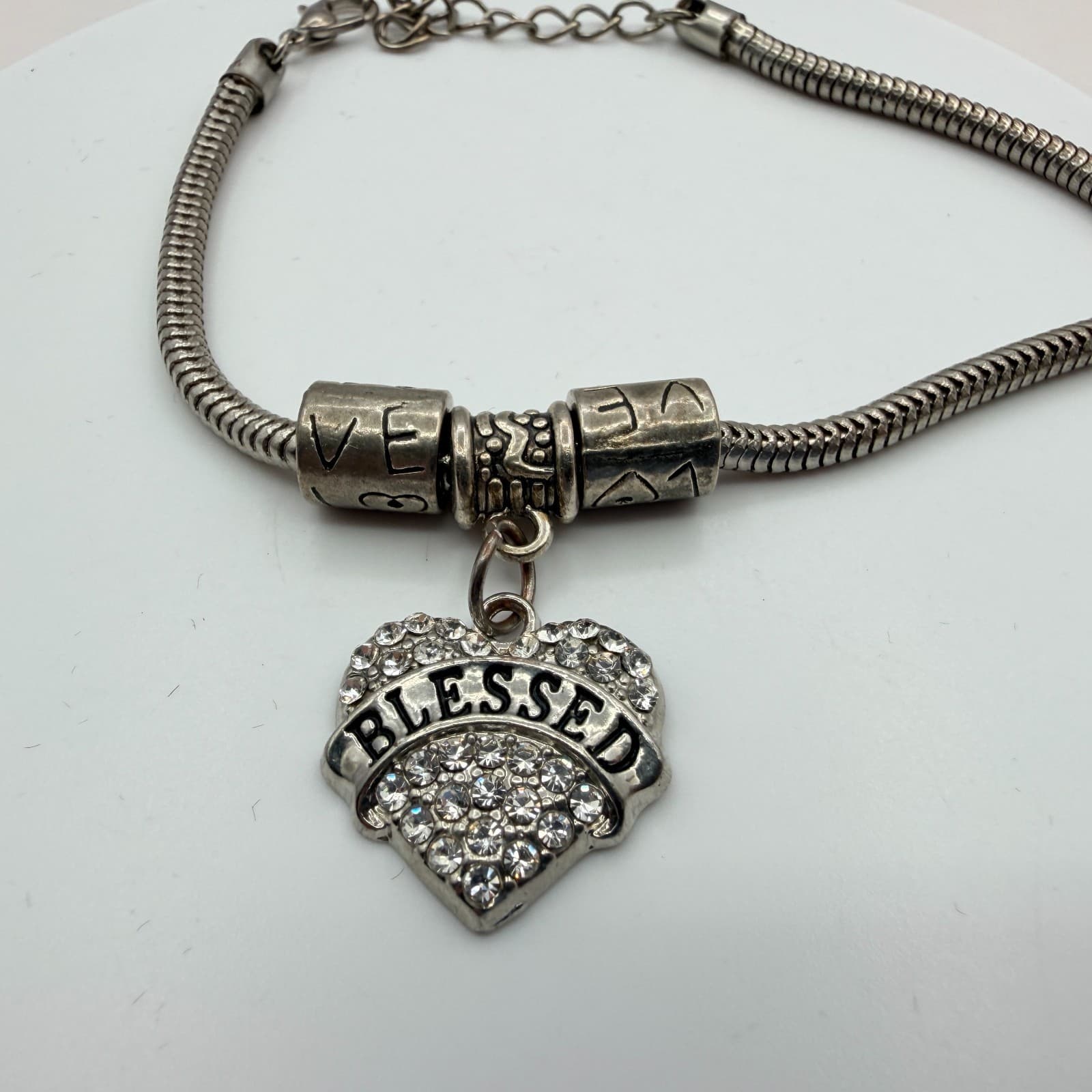 Vintage Silver Tone Snake Chain Charm Bracelet Rhinestone Blessed Heart Accent