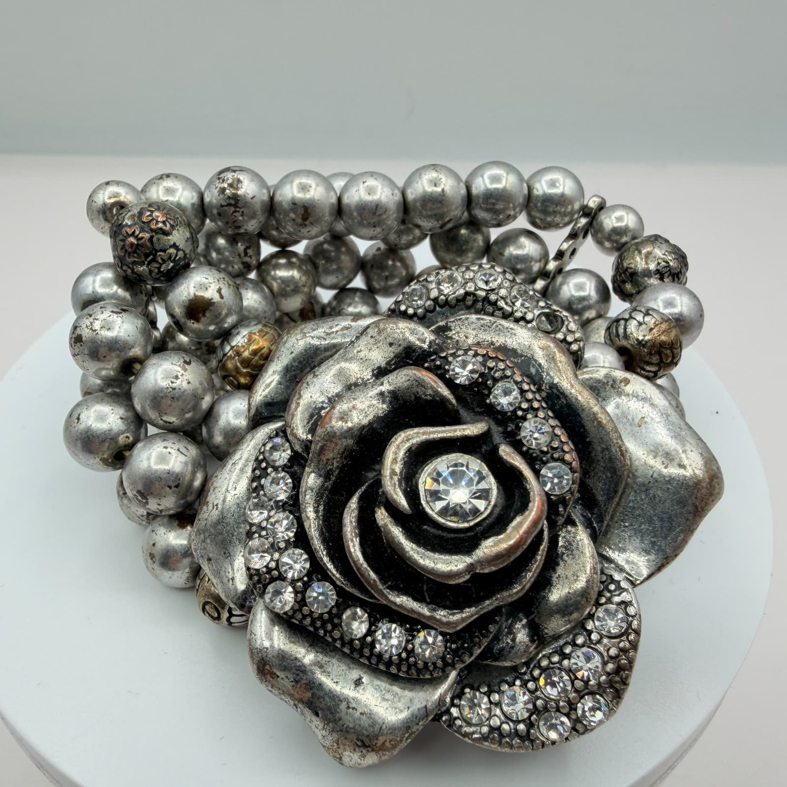 Vintage Silver Tone Chunky Stretch Bead Bracelet Large Rhinestone Rose Flower - Thumbnail 4