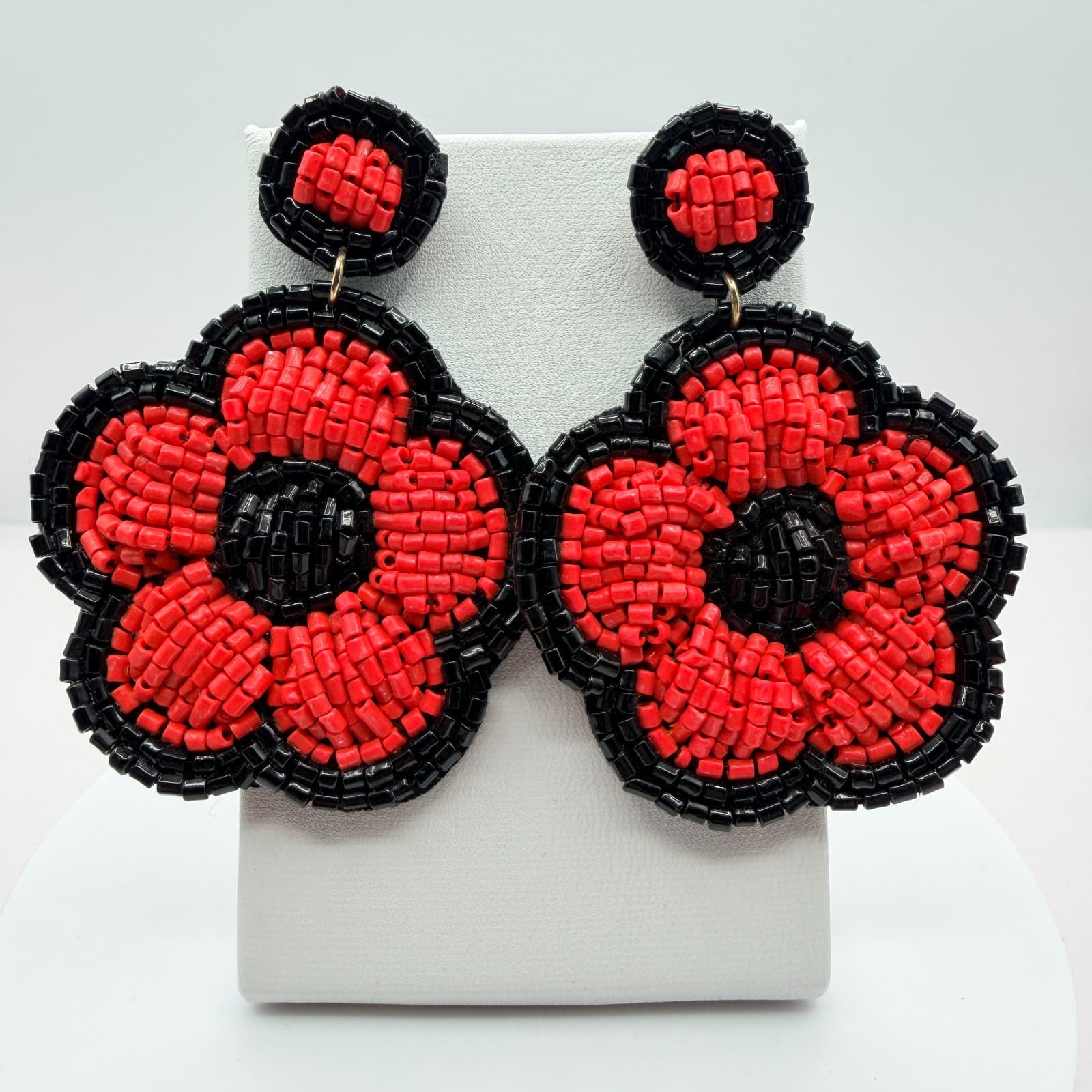 Vintage Beaded Flower Drop Earrings Lot 2 Pairs Red Blue Black Seed Bead Floral - Thumbnail 7