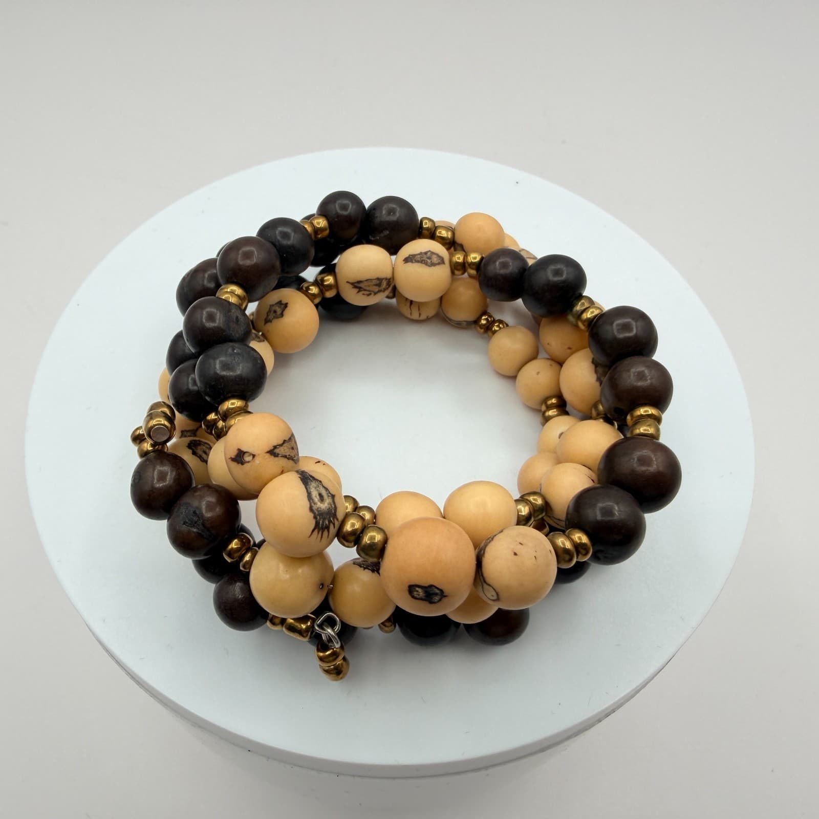 Vintage Multi Layer Wrap Bead Bracelet Brown Cream Wooden Seed Spacer Boho 90s - Thumbnail 2