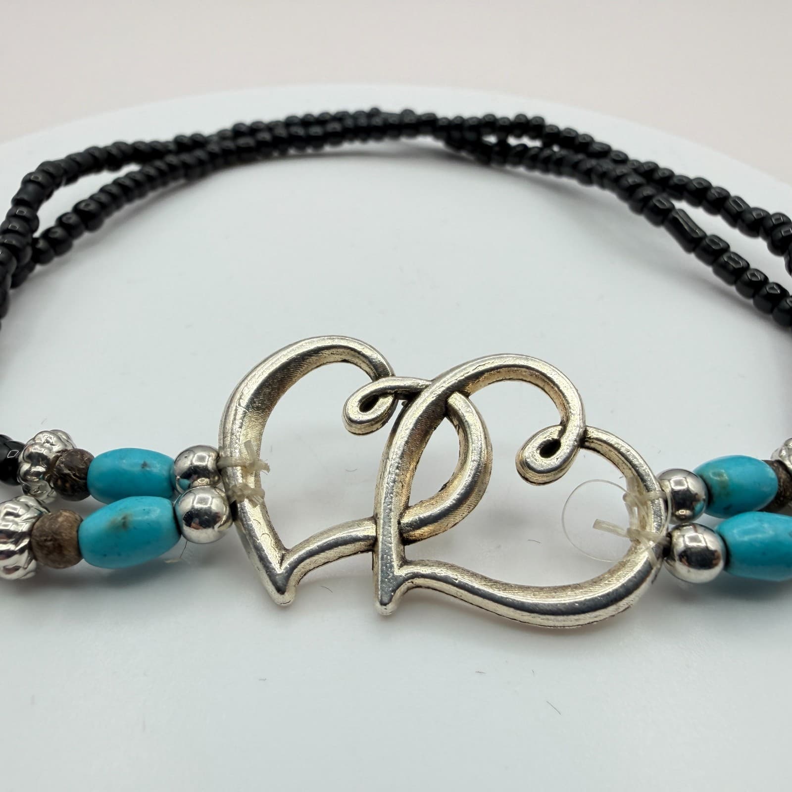 Vintage Silver Tone Multi Strand Seed Bead Bracelet Double Heart Turquoise Color - Thumbnail 4