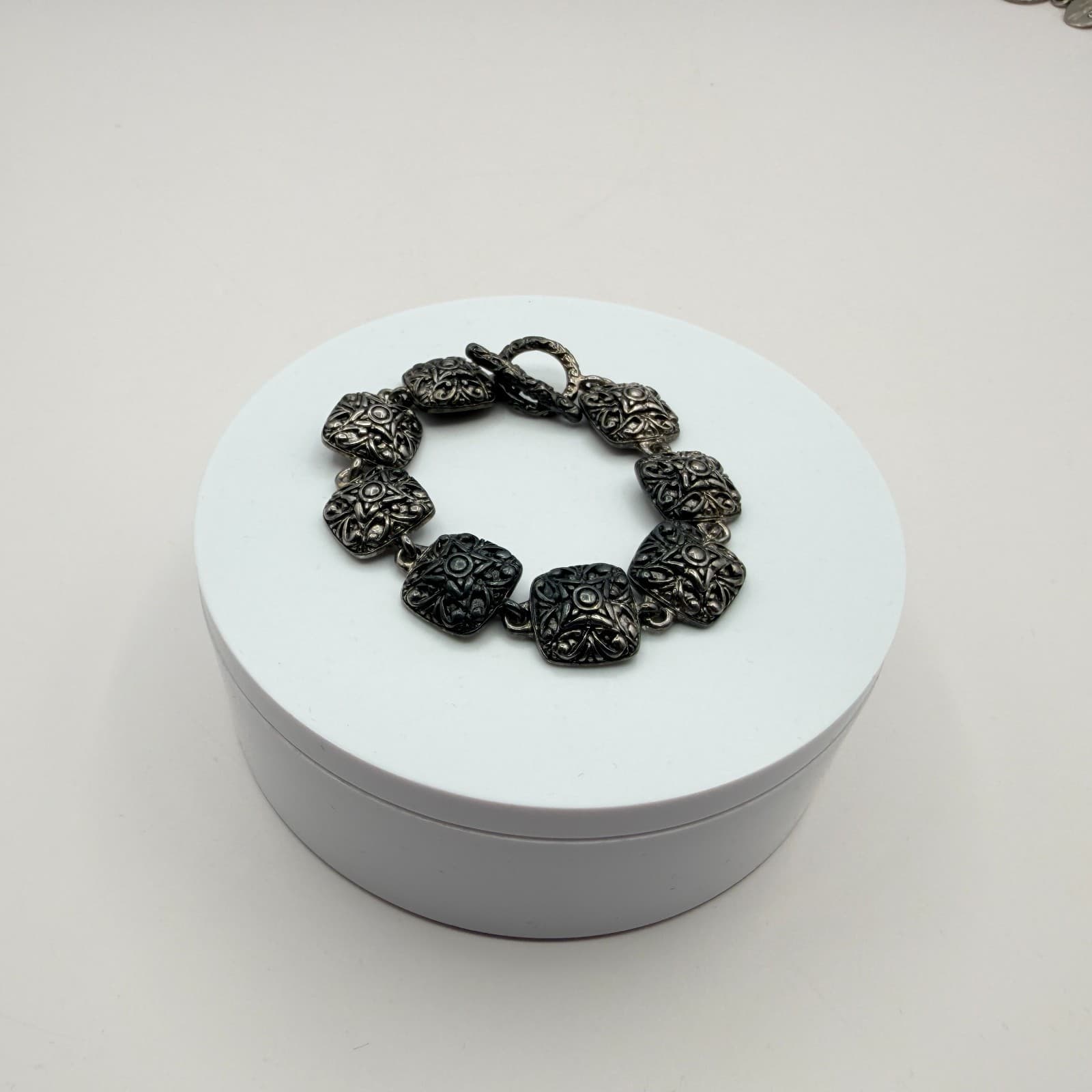Vintage Silver Tone Chunky Square Link Bracelet Ornate Scroll Filigree Boho 90s - Thumbnail 7