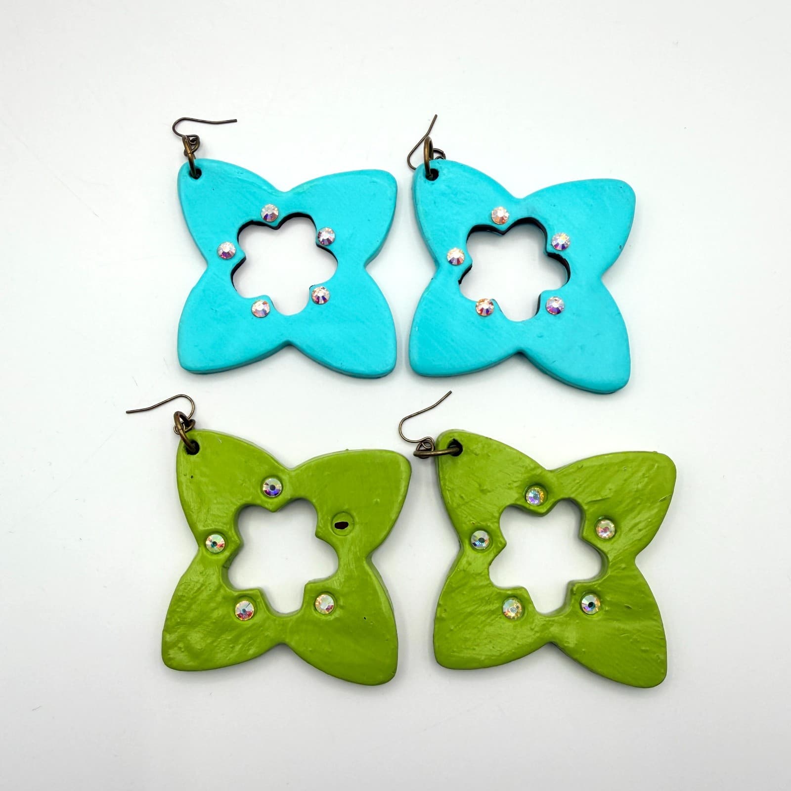 Vintage Bronze Tone Polymer Clay Drop Dangle Earrings Lot 2 Pairs Teal Green 90s
