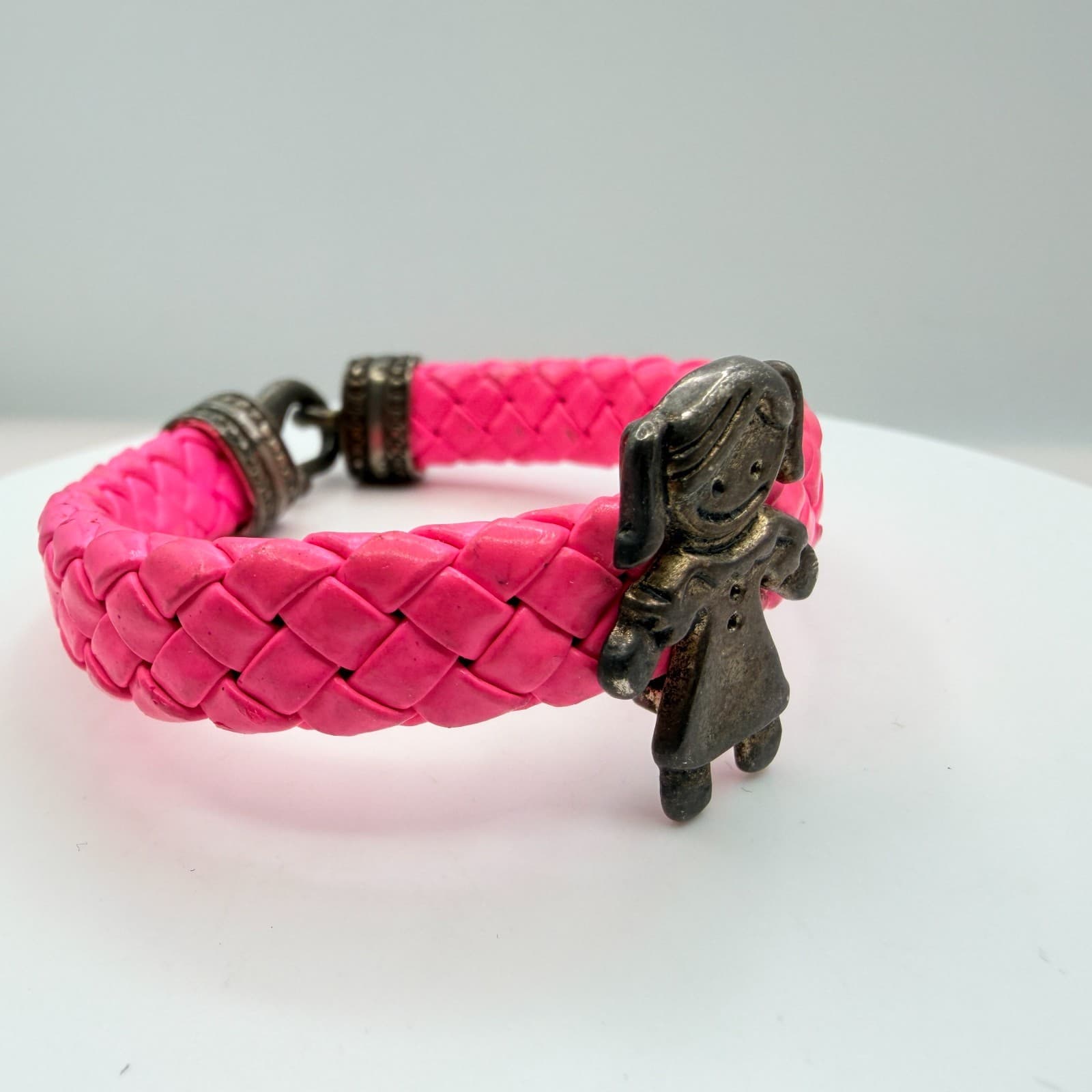 Vintage Silver Tone Pink Braided Leather Charm Bracelet Girl Figure Hook Clasp - Thumbnail 7