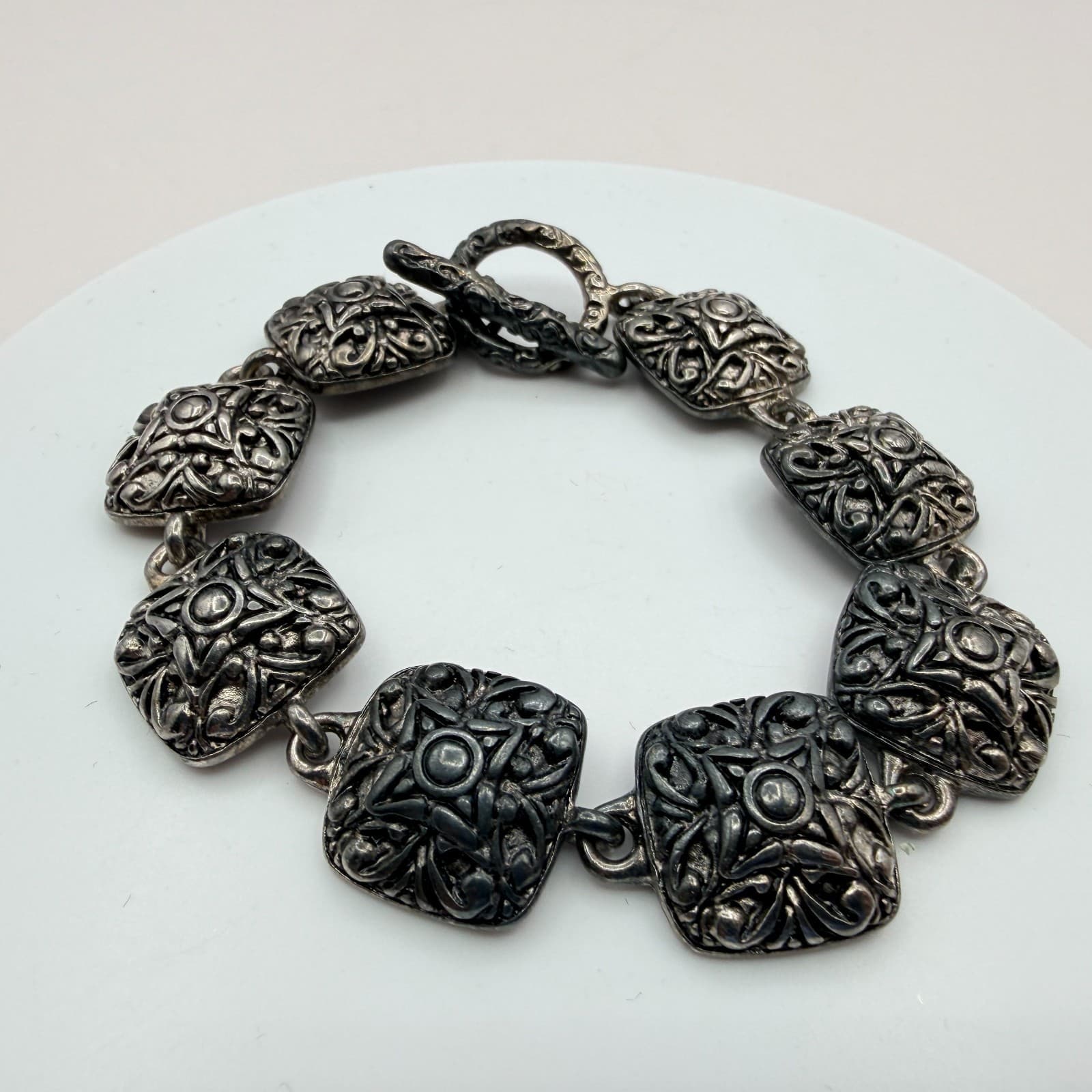 Vintage Silver Tone Chunky Square Link Bracelet Ornate Scroll Filigree Boho 90s - Thumbnail 4