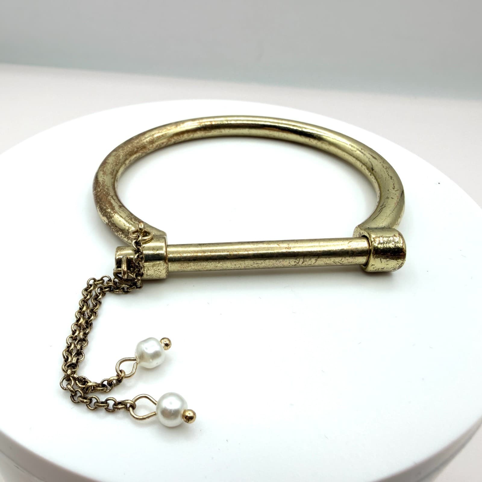 Vintage Gold Tone Shackle Bangle Bracelet Faux Pearl Charm Accent Dainty Link
