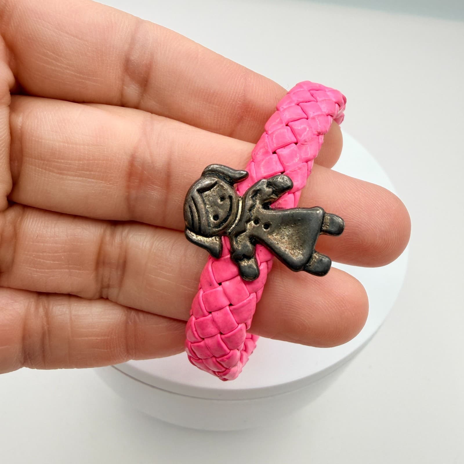 Vintage Silver Tone Pink Braided Leather Charm Bracelet Girl Figure Hook Clasp - Thumbnail 8
