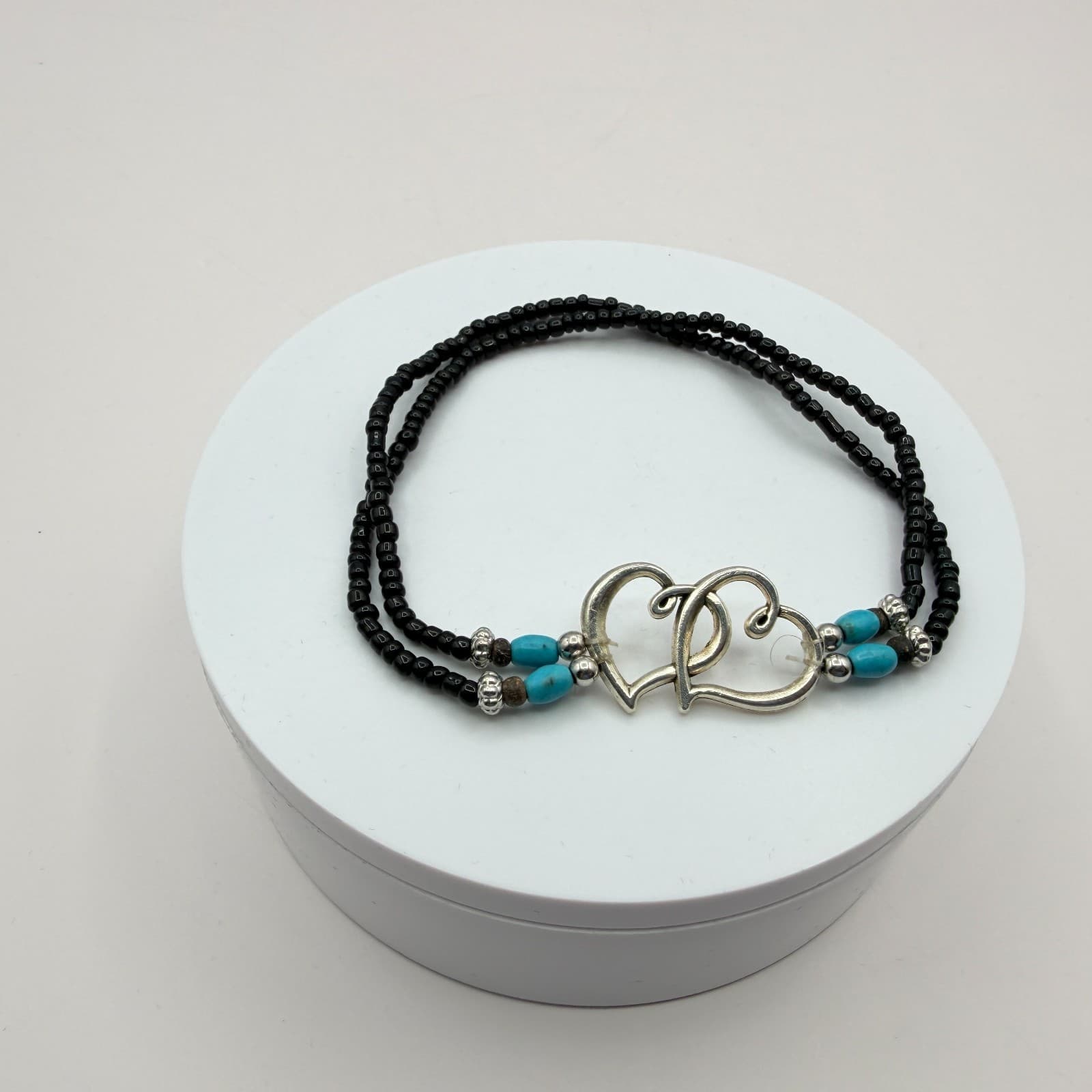 Vintage Silver Tone Multi Strand Seed Bead Bracelet Double Heart Turquoise Color - Thumbnail 6