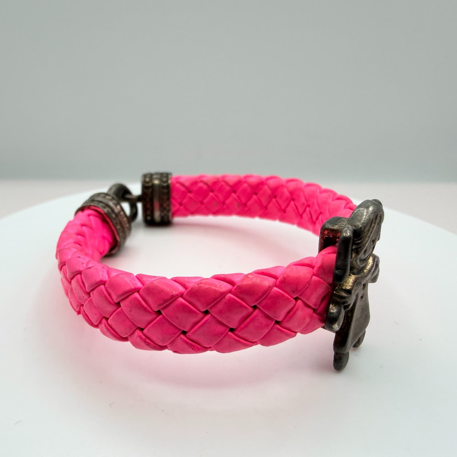 Vintage Silver Tone Pink Braided Leather Charm Bracelet Girl Figure Hook Clasp - Thumbnail 5