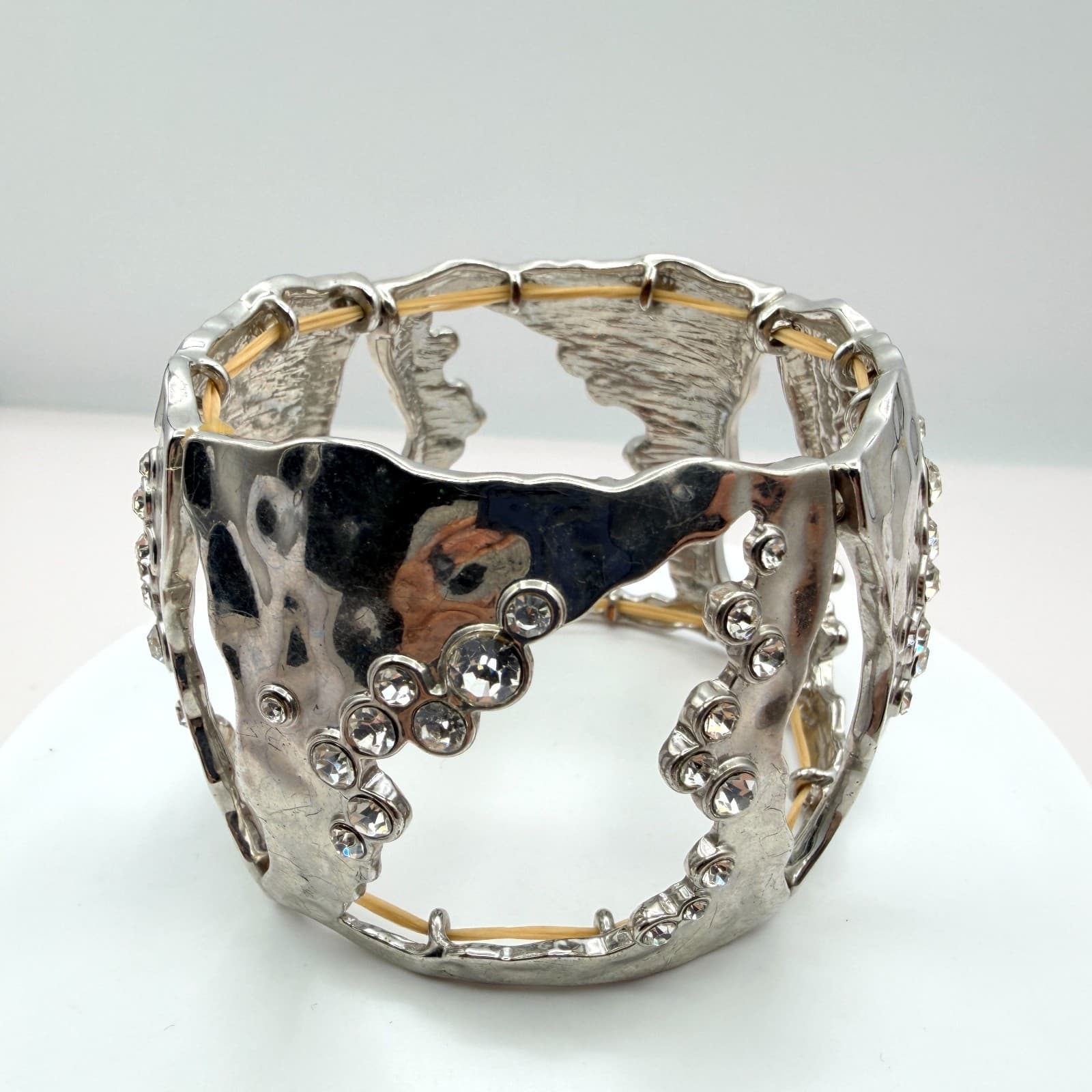 Vintage Silver Tone Chunky Cuff Bracelet Cutout Hammered Rhinestone Statement