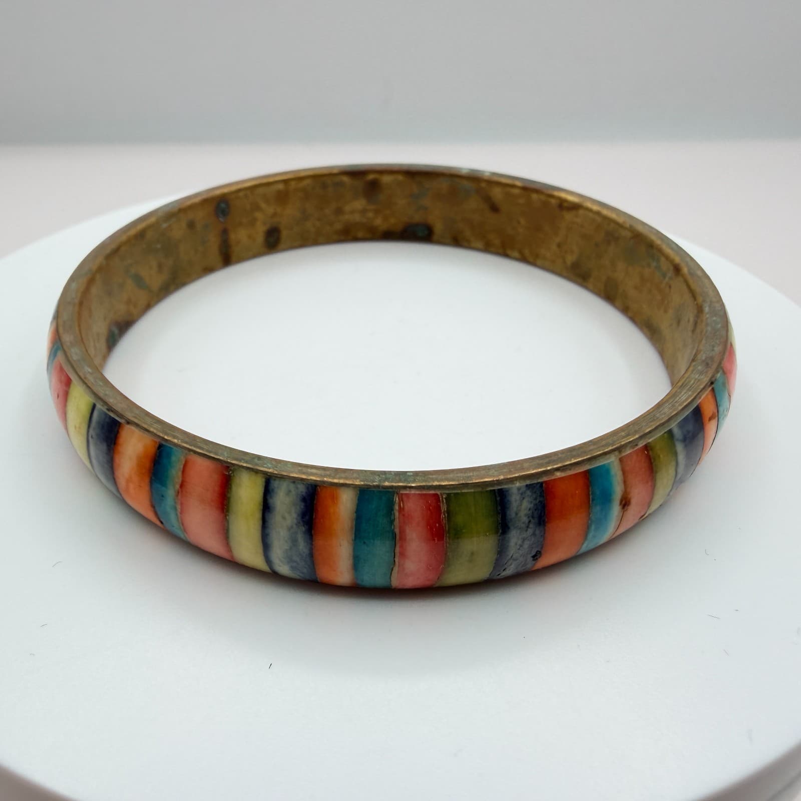 Vintage Gold Tone Chunky Bangle Bracelet Multicolor Inlaid Striped Boho Retro - Thumbnail 2