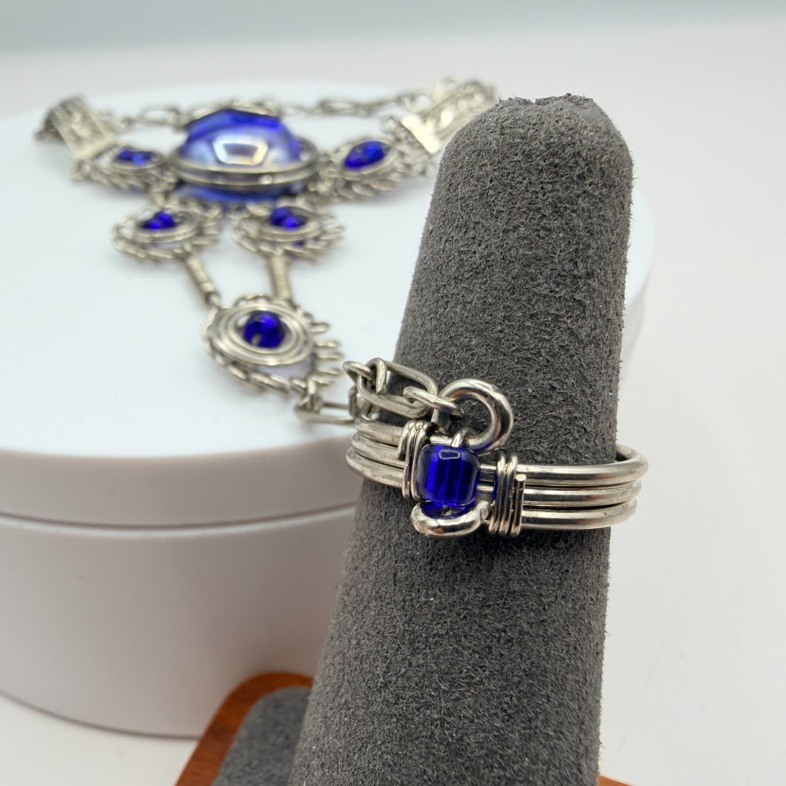 Vintage Silver Tone Slave Bracelet Ring Set Blue Cabochon Stone Boho Filigree - Thumbnail 3