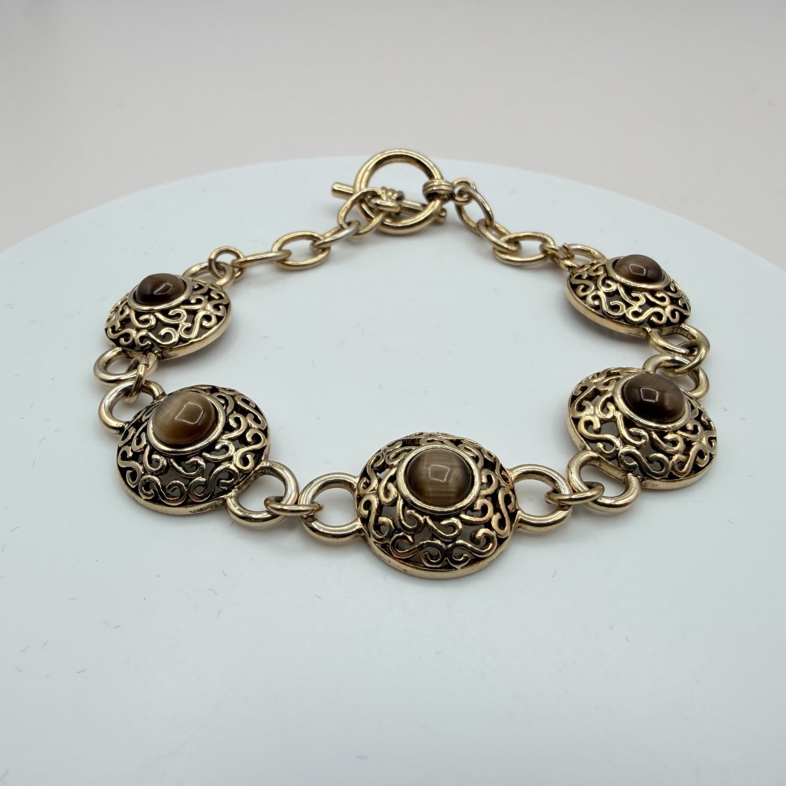 Vintage Gold Tone Chunky Medallion Link Bracelet Cat Eye Stone Brown Boho Y2K - Thumbnail 4