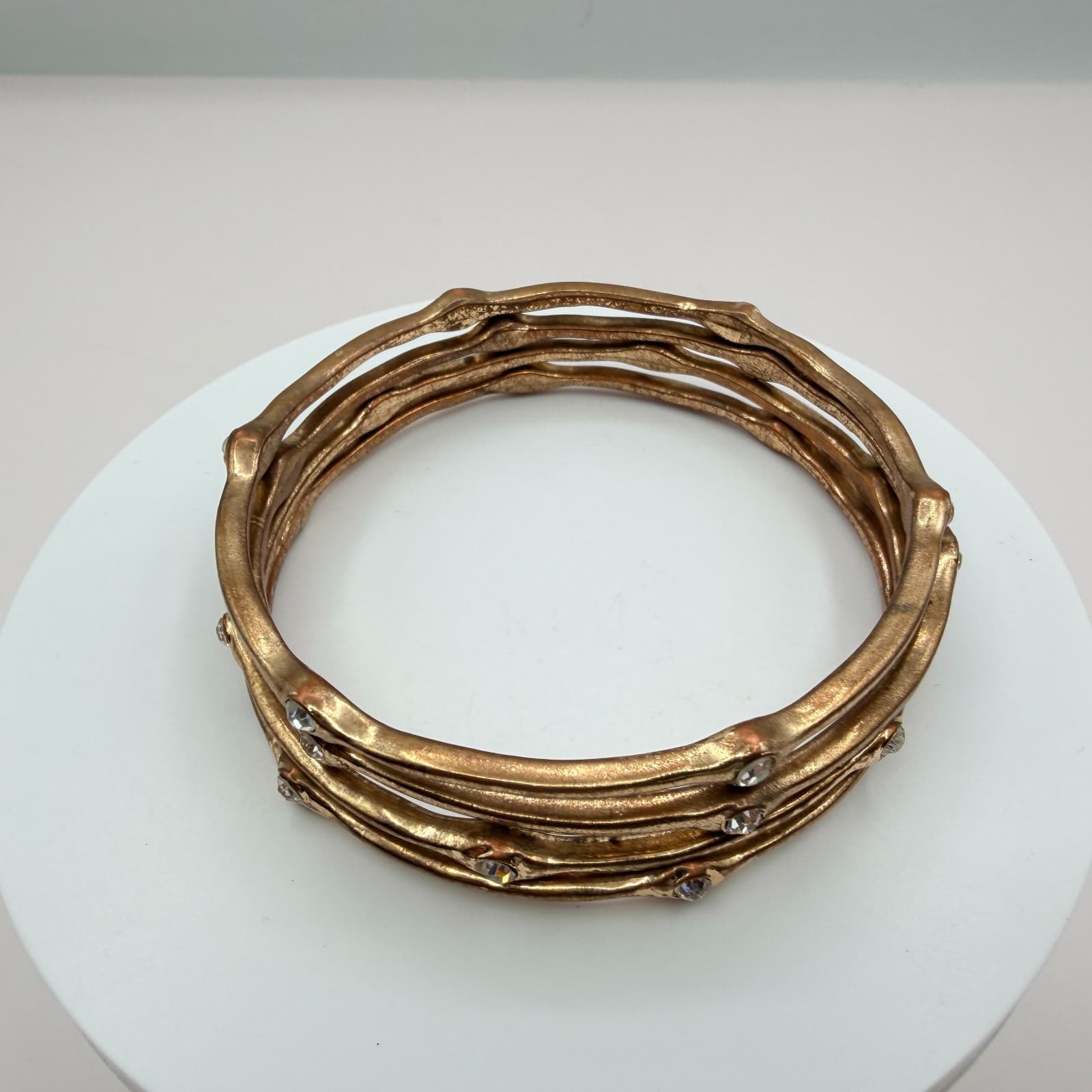 Vintage Gold Tone Textured Wavy Bangle Bracelet Lot 4pc Rhinestone Organic Stack - Thumbnail 3