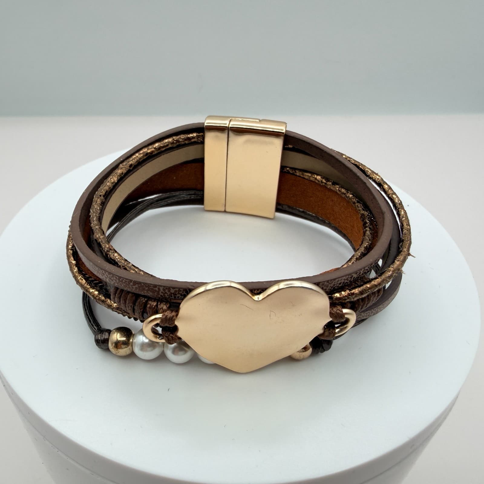 Modern Rose Gold Tone Multi Strand Leather Wrap Bracelet Heart Faux Pearl Boho - Thumbnail 2