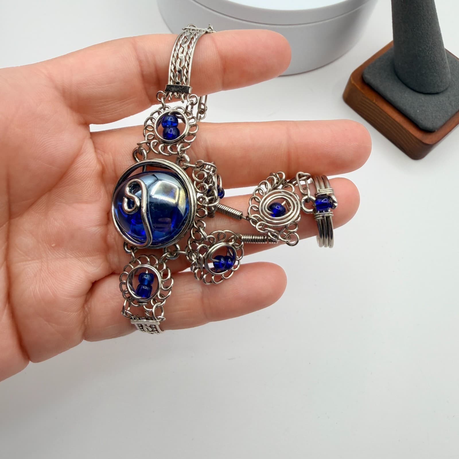 Vintage Silver Tone Slave Bracelet Ring Set Blue Cabochon Stone Boho Filigree - Thumbnail 14