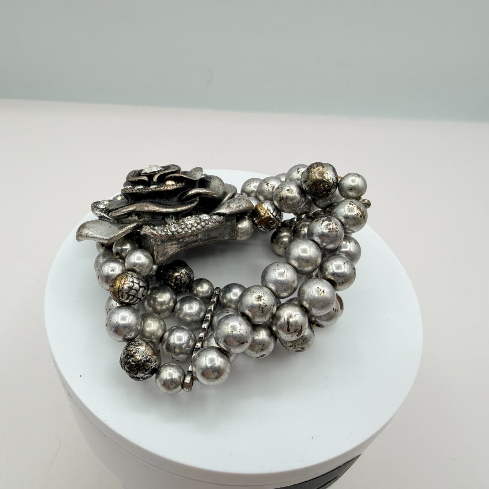 Vintage Silver Tone Chunky Stretch Bead Bracelet Large Rhinestone Rose Flower - Thumbnail 7