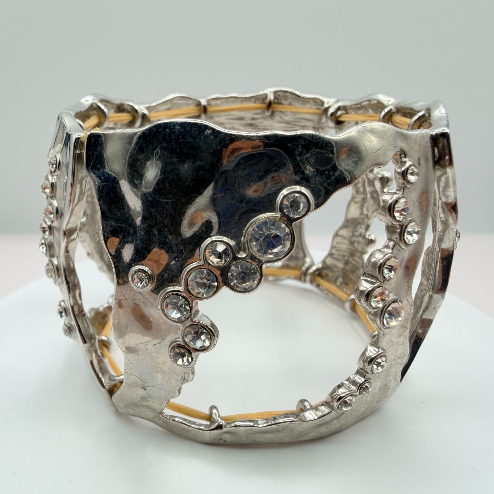 Vintage Silver Tone Chunky Cuff Bracelet Cutout Hammered Rhinestone Statement - Thumbnail 2