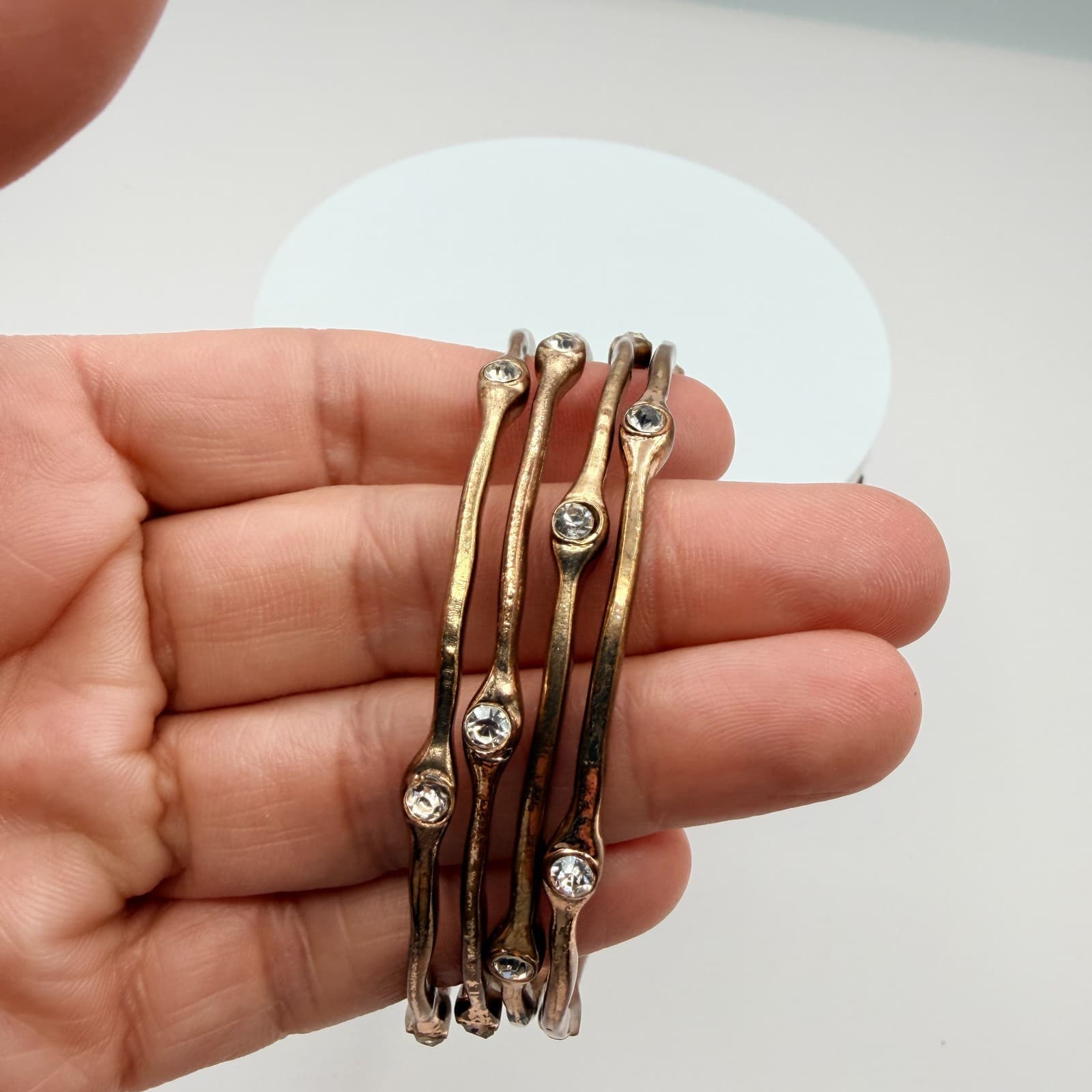 Vintage Gold Tone Textured Wavy Bangle Bracelet Lot 4pc Rhinestone Organic Stack - Thumbnail 6