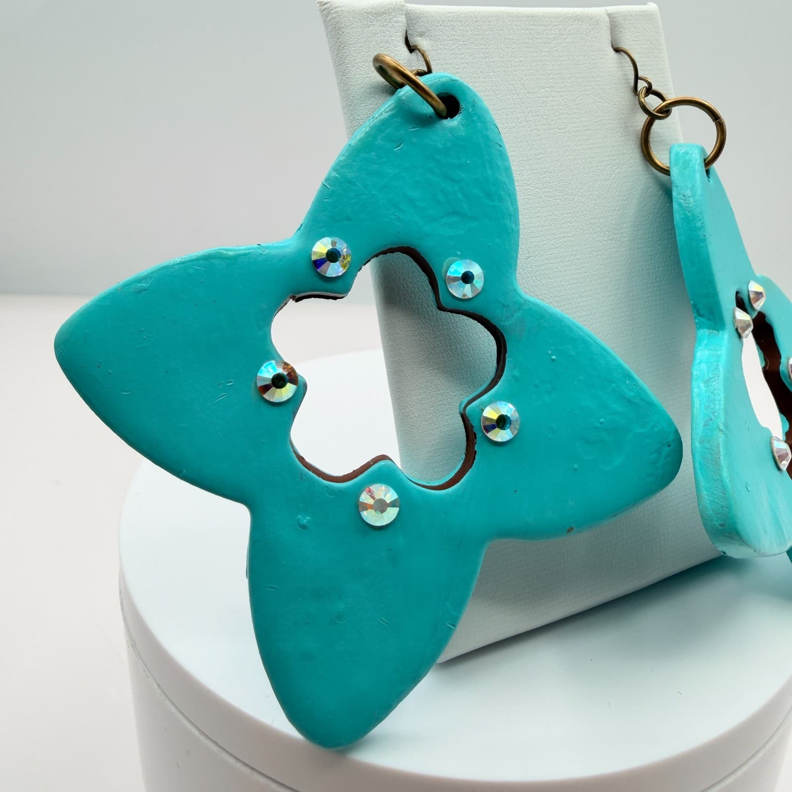 Vintage Bronze Tone Polymer Clay Drop Dangle Earrings Lot 2 Pairs Teal Green 90s - Thumbnail 3