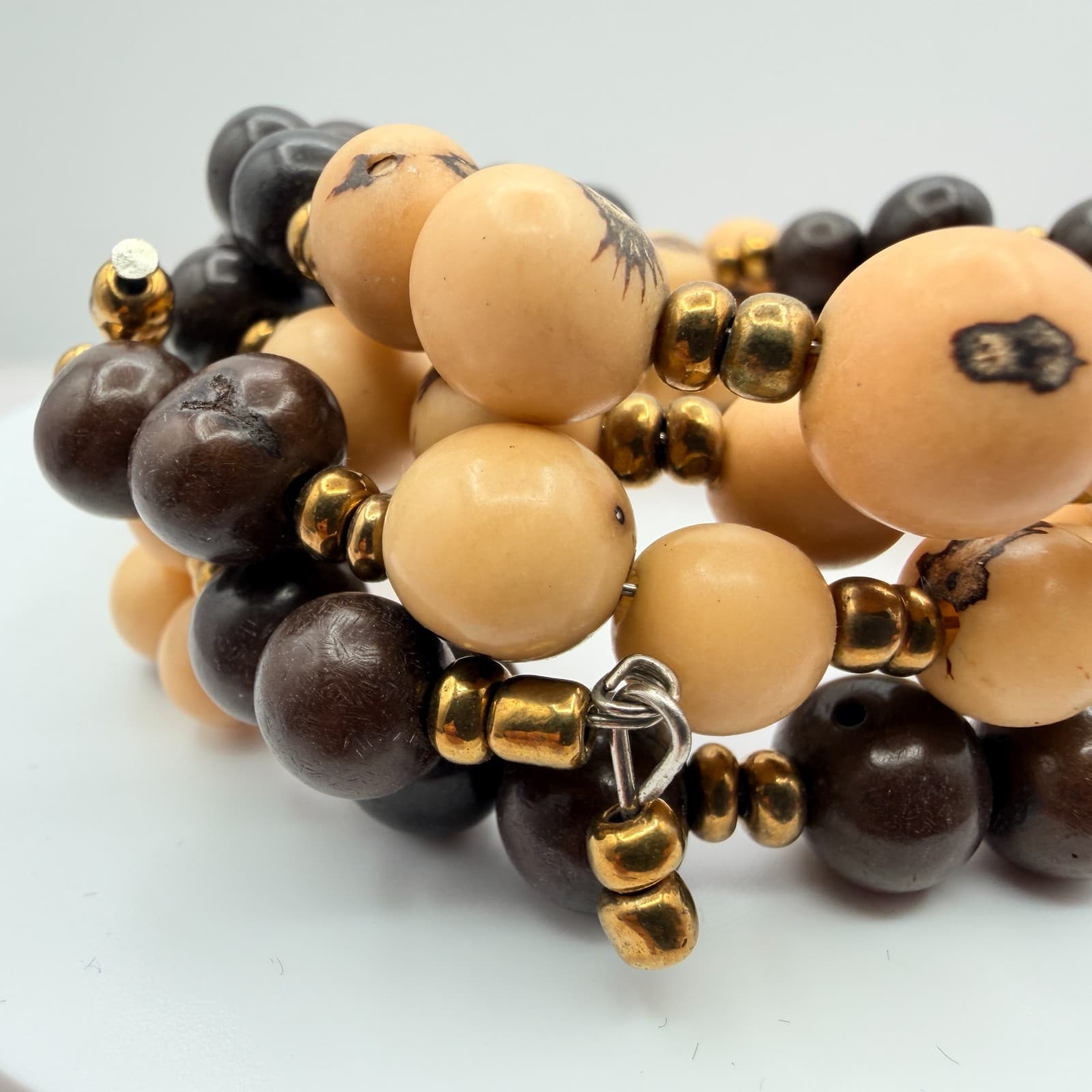 Vintage Multi Layer Wrap Bead Bracelet Brown Cream Wooden Seed Spacer Boho 90s - Thumbnail 5