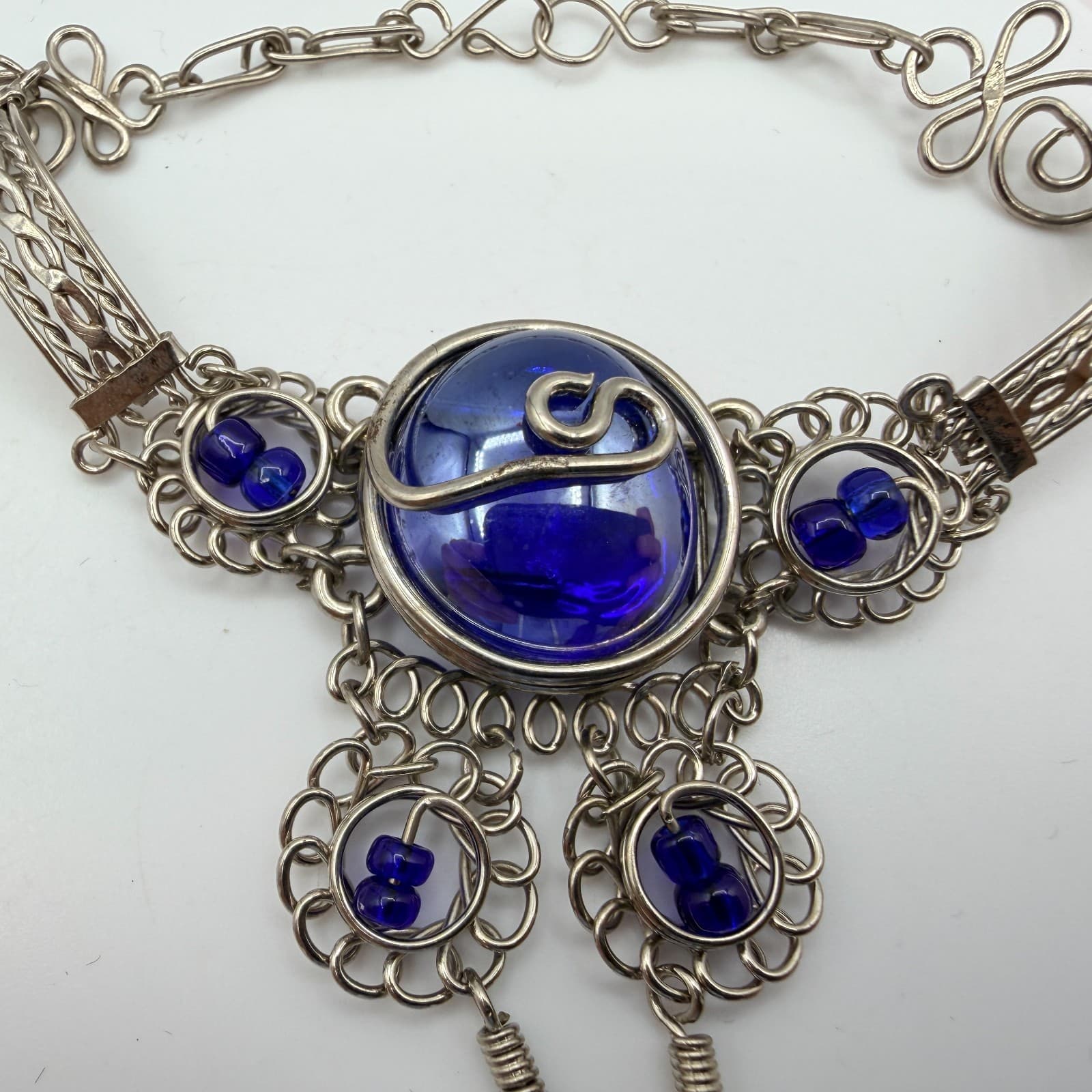 Vintage Silver Tone Slave Bracelet Ring Set Blue Cabochon Stone Boho Filigree - Thumbnail 6