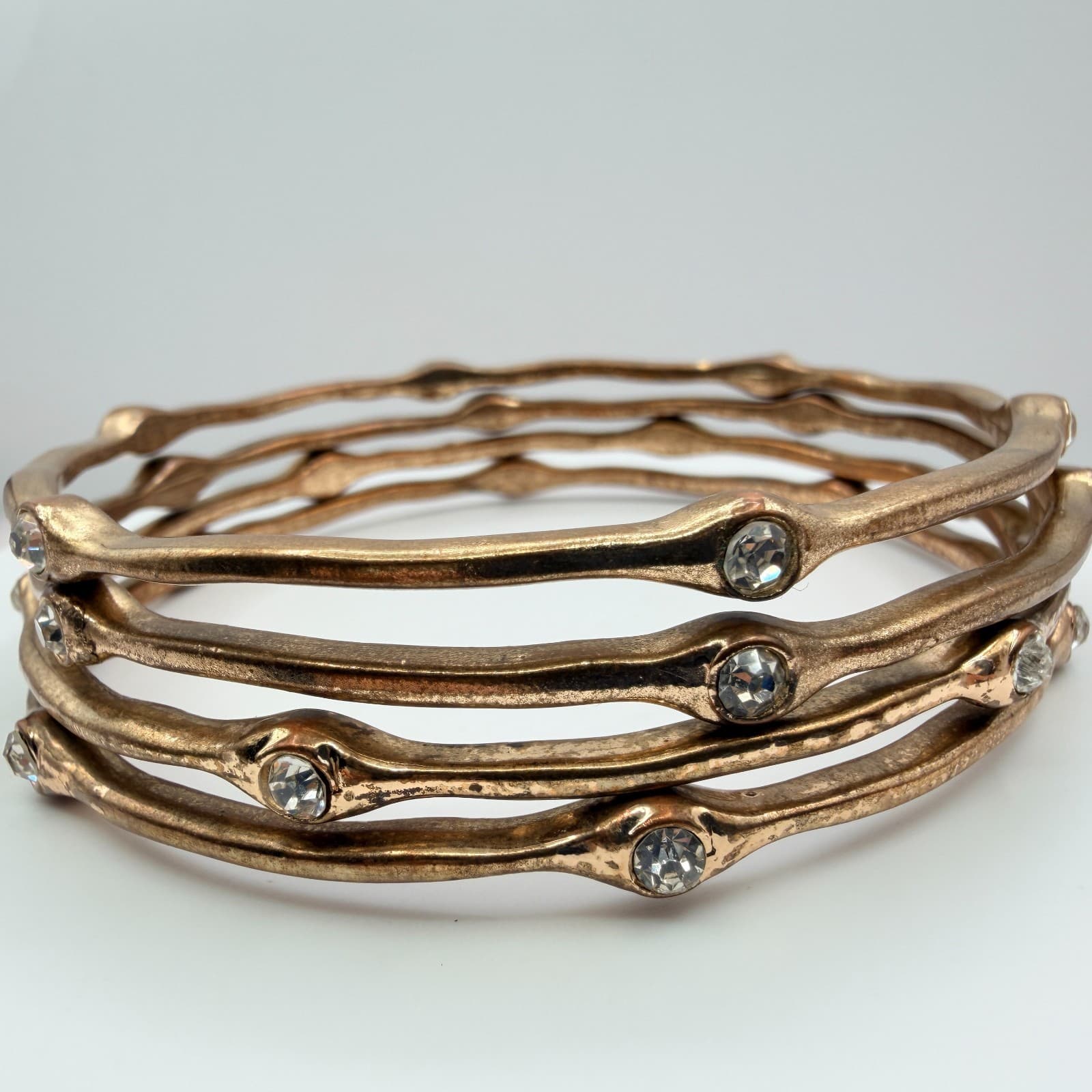 Vintage Gold Tone Textured Wavy Bangle Bracelet Lot 4pc Rhinestone Organic Stack - Thumbnail 2