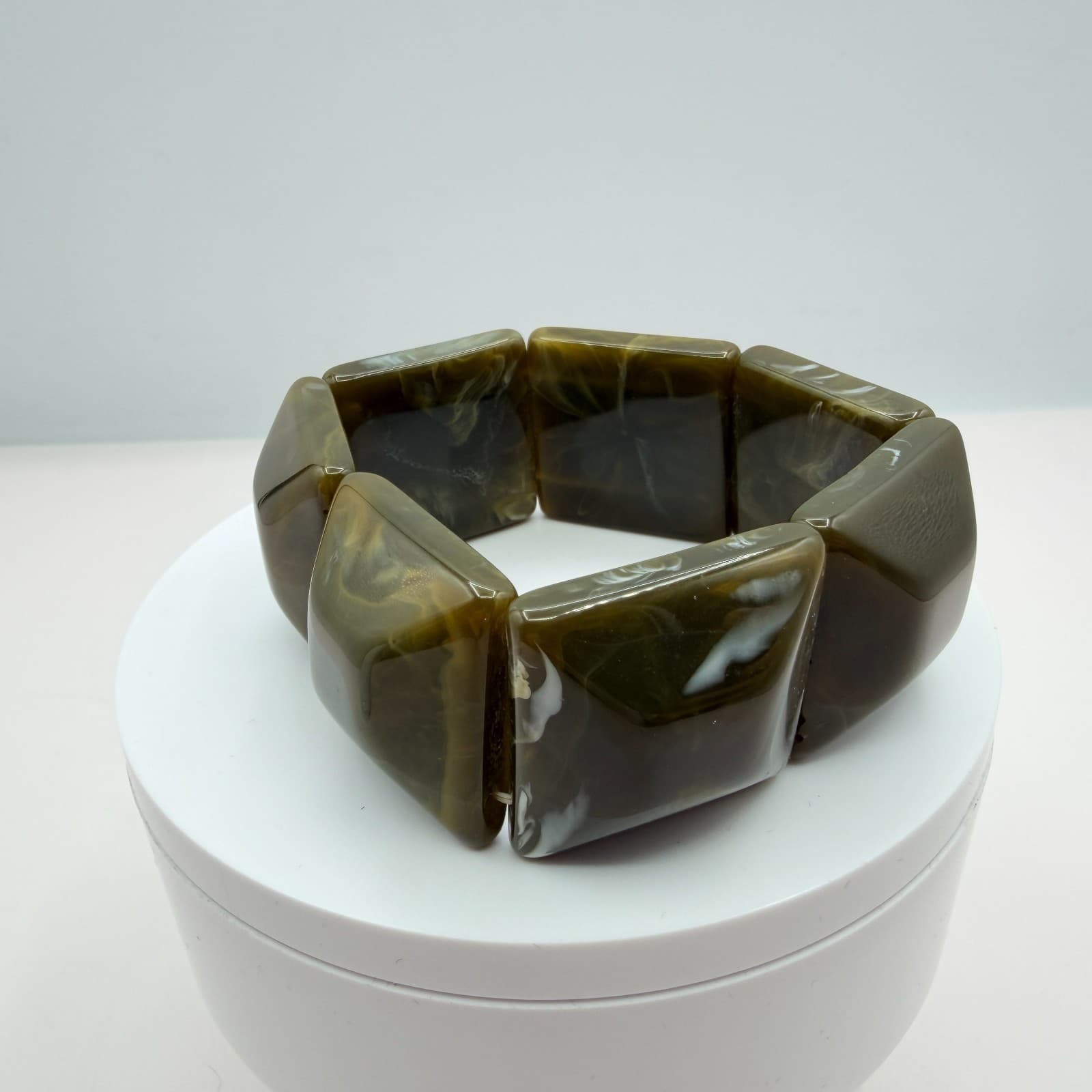 Vintage Chunky Square Panel Resin Stretch Bracelet Olive Green Marbled Boho 90s - Thumbnail 6