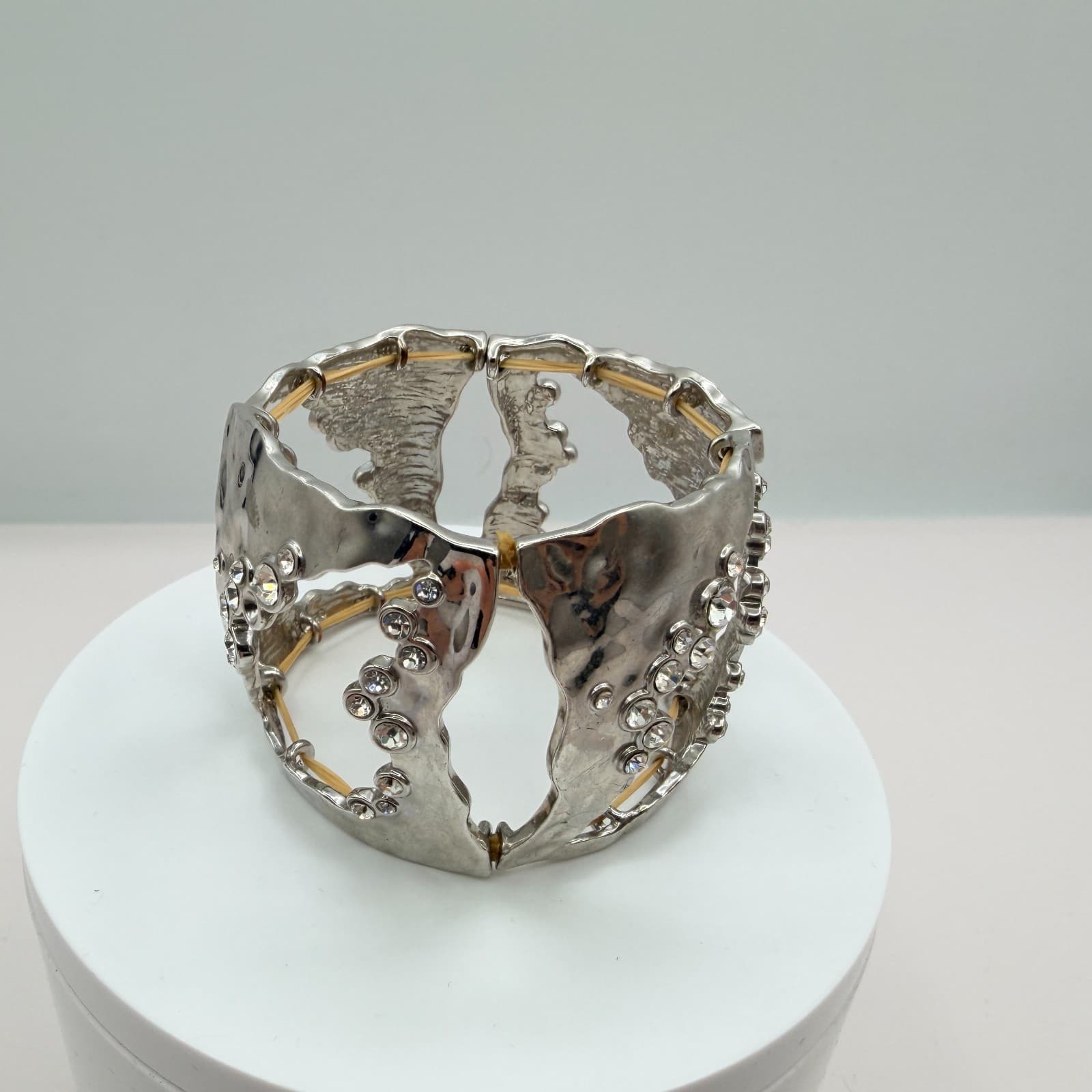 Vintage Silver Tone Chunky Cuff Bracelet Cutout Hammered Rhinestone Statement - Thumbnail 6