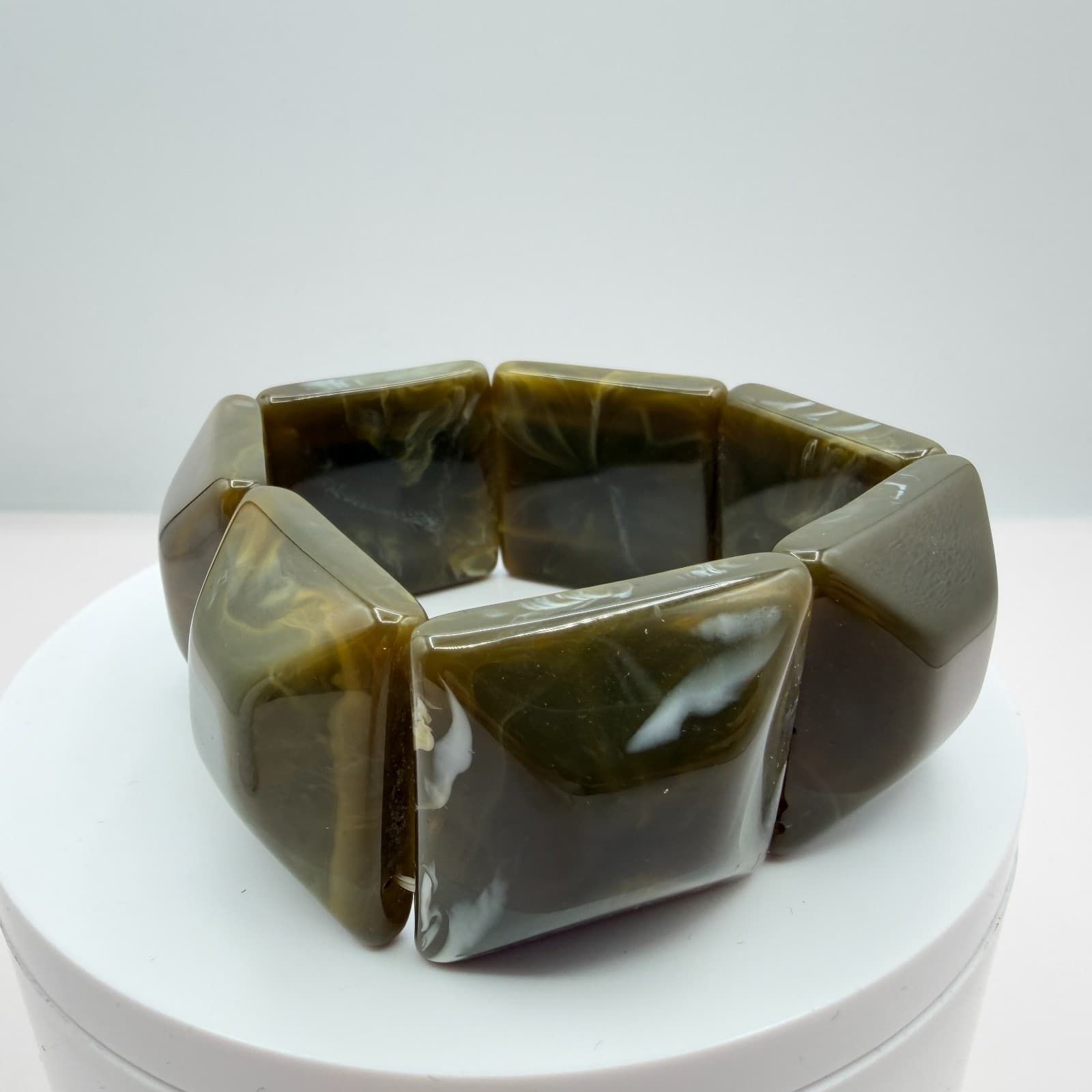 Vintage Chunky Square Panel Resin Stretch Bracelet Olive Green Marbled Boho 90s - Thumbnail 2
